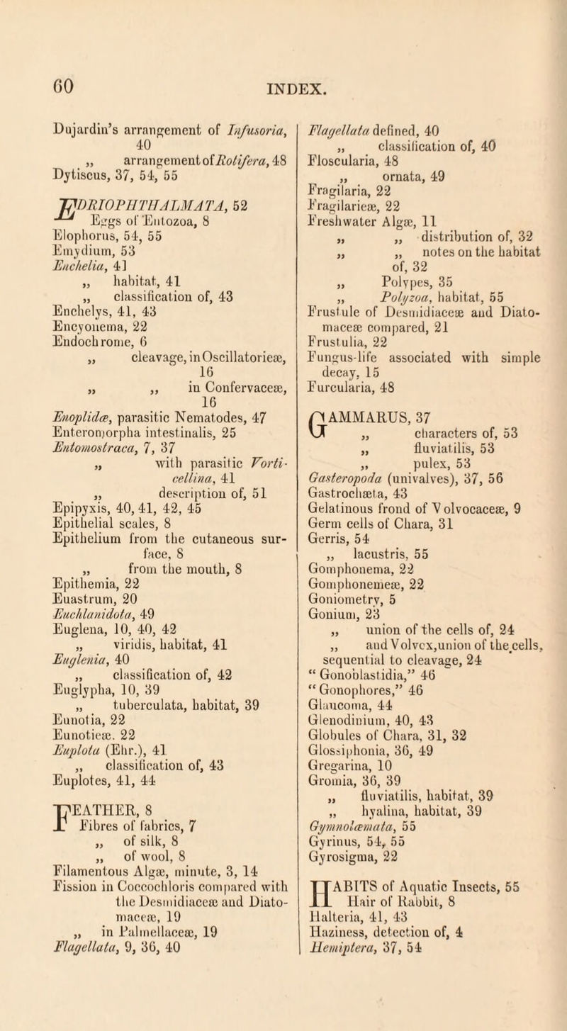 Dujardin’s arrangement of Infusoria, 40 „ arrangement of Rotifera, 48 Dytiscus, 37, 54, 55 TpDRIOPHTHALMA TA, 52 Eggs olEnt,ozoa, 8 Elophorns, 54, 55 Emydium, 53 Enchelia, 4] ,, liabitat, 41 „ classification of, 43 Enchelys, 41, 43 Encyonema, 22 Endocbrome, 6 „ cleavage, in Oscillatorieaj, 16 „ „ in Confervacese, 16 Enoplidce, parasitic Nematodes, 47 Enteronjorpha intestinalis, 25 Entomostraca, 7, 37 „ with parasitic Vorti• cellina, 41 „ description of, 51 Epipyxis, 40, 41, 42, 45 Epithelial scales, 8 Epithelium from the cutaneous sur¬ face, 8 „ from the mouth, 8 Epithemia, 22 Euastrum, 20 Euchlanidota, 49 Euglena, 10, 40, 42 „ viridis, habitat, 41 Ettglenia, 40 „ classification of, 42 Euglypha, 10, 39 „ tuberculata, habitat, 39 Eunotia, 22 Eunotieaj. 22 Euplotu (Ehr.), 41 „ classification of, 43 Euplotes, 41, 44 Feather, 8 Eibres of fabrics, 7 „ of silk, 8 „ of wool, 8 Filamentous Algae, minute, 3, 14 Fission in Coccochloris compared with the Desmidiaccse and Diato- macese, 19 „ in Palmellacece, 19 Flagellatu, 9, 30, 40 Flagellata defined, 40 „ classification of, 40 Floscularia, 48 „ ornata, 49 Fragilaria, 22 Fragilariese, 22 Freshwater Algae, 11 „ „ distribution of, 32 „ „ notes on the habitat of, 32 „ Polypes, 35 „ Polgzoa, habitat, 55 Frustule of Desmidiaceae aud Diato- maceae compared, 21 Frustulia, 22 Fungus-life associated with simple decay, 15 Furcularia, 48 GAMMARUS, 37 „ characters of, 53 „ fluviat.ilis, 53 „ pulex, 53 Gasteropoda (univalves), 37, 56 Gastrochaeta, 43 Gelatinous frond of V olvocaceae, 9 Germ cells of Chara, 31 Gerris, 54 „ lacustris, 55 Gomphonema, 22 Gomphonemeae, 22 Goniometrv, 5 Gonium, 23 „ union of the cells of, 24 „ and V olvcx,union of the.cells, sequential to cleavage, 24 “ Gonoblastidia,” 46 “ Gonophores,” 46 Glaucoma, 44 Glenodinium, 40, 43 Globules of Chara, 31, 32 Glossiphonia, 36, 49 Gregarina, 10 Gromia, 36, 39 „ fluviatilis, habitat, 39 „ hyalina, habitat, 39 Gymnolcemata, 55 Gyrinus, 54, 55 Gyrosigma, 22 HABITS of Aquatic Insects, 55 Hair of Rabbit, 8 Halteria, 41, 43 Haziness, detection of, 4 Hemiptera, 37, 54