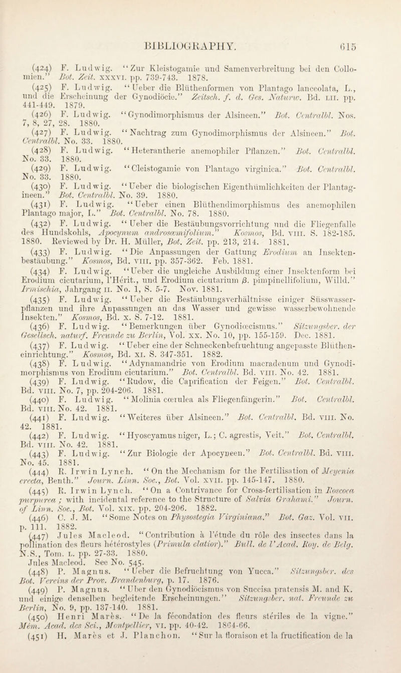 F. Lud ‘ Zur Kleistogamie und Samenverbreitung bei den Collo¬ id. Zcit. xxxyi. ]>p. 739-743. wig. 1878. (424) mien.” (425) I'- Ludwig. “ Ueber die Bliithenformen von Plantago lanceolata, L., und die Krscheinung der Gynodiocie.” Zeitsch. f. cl. Ges. Naturw. Bd. lii. pp. 441-449. 1879. (426) F. Ludwig. “Gynodimorphismus der Alsineen.” Bot. CcntrciZbl. Nos. 7, 8, 27, 28. 1880. (427) F. Ludwig. “ Naclitrag zum Gynodimorphismus der Alsineen.” Bot. Ccntralbl. No. 33. 1880. (428) No. 33. (429) No. 33. “ Heterantherie anemophiler Pflanzen.” Bot. Ccntralbl. “ Cleistogamie von Hantago virginica.” Bot. Ccntralbl. (430) ineen.” (431) F. Ludwig. 1880. F. Ludwig. 1880. F. Ludwig. “LTeber die biologischen Eigenthrimlichkeiten der Plantag- n Bot. Ccntralbl. No. 39. 1880. F. Ludwig. “Ueber einen Bllithendimorphismus des anemophilen Plantago major, L.” Bot. Ccntralbl. No. 78. 1880. (432) F. Ludwig. “ Ueber die Bestaubungsvorrichtung und die Fliegenfalle des Hundskohls, Apocynum androscemifolium.” Kosmos, Bd. vm. S. 182-185. 1880. Reviewed by Dr. H. Muller, Bot. Zcit. pp. 213, 214. 1881. (433) F. Ludwig. “Die Anpassungen der Gattung Erodium an Insekten- bestaubung.” Kosmos, Bd. vm. pp. 357-362. Feb. 1881. (434) F. Ludwig. “Ueber die ungleiche Ausbildung einer Jnsektenform bei Erodium cicutarium, l’Herit., und Erodium cicutarium /3. pimpinellifolium, Willd.” Irmischia, Jahrgang 11. No. 1, S. 5-7. Nov. 1881. (435) F. Ludwig. “Ueber die Bestaubungsverhaltnisse eiuiger Susswasser- pflanzen und ihre Anpassungen an das Wasser und gewisse wasserbewolmende Insekten.” Kosmos, Bd. x. S. 7-12. 1881. (436) F. Ludwig. “ Bemerkungen liber Gynodioecismus.” Sitzungsbcr. der Gesellsch. naturf. Freunde zu Berlin, Yol. xx. No. 10, pp. 155-159. Dec. 1881. (437) F. Ludwig. “ Ueber eine der Schneckenbefruehtung angepasste Bliithen- einrichtung.” Kosmos, Bd. xi. S. 347-351. 1882. (438) F. Ludwig. “Adynamandrie von Erodium macradenum und Gynodi- morphismus von Erodium cicutarium.” Bot. Ccntralbl. Bd. vm. No. 42. 1881. (439) F. Ludwig. “ Rudow, die Caprification der Feigen.” Bot. Ccntralbl. Bd. vm. No. 7, pp. 204-206. 1881. (440) F. Ludwig. “Molinia coeiulea als Fliegenfangerin.” Bot. Ccntralbl. Bd. vm. No. 42. 1881. (441) F. Ludwig. “Weiteres liber Alsineen.” Bot. Ccntralbl. Bd. vm. No. 42. 1881. (442) F. Ludwig. “ Hyoscyamus niger, L.; C. agrestis, Veit.” Bot. Ccntralbl. Bd. vm. No. 42. 1881. (443) F. Ludwig. “Zur Biologie der Apocyneen.” Bot. Ccntralbl. Bd. vm. No. 45. 1881. (444) R. Irwin Lynch. “On the Mechanism for the Fertilisation of Meycnia crccta, Benth.” Journ. Linn. Soc., Bot. AMI. xvn. pp. 145-147. 1880. (445) R. Irwin Lynch. “On a Contrivance for Cross-fertilisation in Boscoca 'purpurea; with incidental reference to the Structure of Salvia Grahami.” Journ. of Linn. Soc., Bot. Yol. xix. pp. 204-206. 1882. (446) C. J. M. “Some Notes on Physostegia Virginiana.” Bot. Gaz. Vol. vii. p. 111. 1882. (447) Jules Maeleod. “Contribution a l’etude du role des insectes dans la pollination des fleurs heterostyles (Primula elation).” Bull, clc CAcad. Boy. clc Belg. N.S., Tom. l. pp. 27-33. 1880. Jules Maeleod. See No. 545- (448) P. Magnus. “ Ueber die Befruchtung von Yucca.” Sitzungsbcr. des Bot. Vcreins der Prov. Brandenburg, p. 17. 1876. (449) P. Magnus. “ Uber den Gynodiocismus von Succisa pratensis M. and K. und einige denselben begleitende Erscheinungen.” Sitzungsbcr. nat. Freunde zu Berlin, No. 9, pp. 137-140. 1881. (450) Henri Marks. “ De la fecondation des fleurs steriles de la vigne.” Mem. Acad, des Sci., Montpellier, vi. pp. 40-42. 1864-66. (451) H. Mar es et J. Planchon. “ Sur la floraison et la fructification de la