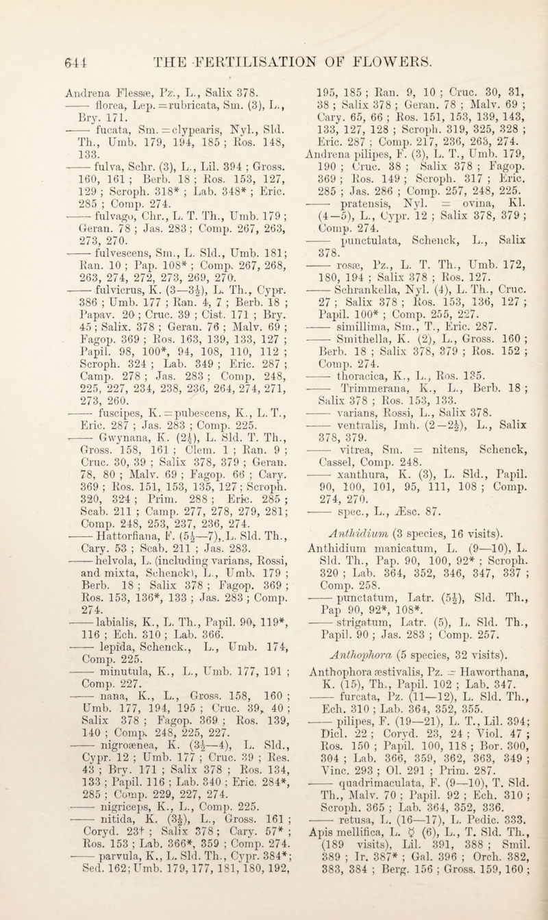 Andrena Flessae, Pz., L., Salix 378. - florea, Lep. =rubricata, Sm. (3), L., Bi'y. 171. - fucata, Sm. = clypearis, Nyl., Sid. Th., Umb. 179, 194, 185 ; Ros. 148, 133. -fulva, Schr. (3), L., Lil. 394 ; Gross. 160, 161 ; Berb. 18 ; Ros. 153, 127, 129 ; Scroph. 318* ; Lab. 348* ; Eric. 285 ; Comp. 274. -fulvago, Chr., L. T. Th., Umb. 179 ; Geran. 78; Jas. 283; Comp. 267, 263, 273, 270. -fulvescens, Sm., L. Sid., Umb. 181; Ran. 10 ; Pap. 108* ; Comp.. 267, 268, 263, 274, 272, 273, 269, 270. -fulvicrus, K. (3—3|), L. Th.,. Cypr. 386 ; Umb. 177 ; Ran. 4, 7 ; Berb. 18 ; Papav. 20; Cruc. 39 ; Cist. 171 ; Bry. 45 ; Salix. 378 ; Geran. 76 ; Malv. 69 ; Fagop. 369 ; Ros. 163, 139, 133, 127 ; Papil. 98, 100*, 94, 108, 110, 112 ; Scroph. 324 ; Lab. 349 ; Eric. 287 ; Camp. 278 ; Jas. 283 ; Comp. 248, 225, 227, 234, 238, 236, 264, 274, 271, 273, 260. -—— fnscipes, K. = pubescens, K., L. T., Eric. 287 ; Jas. 283 ; Comp. 225. - Gwynana, K. (24), L. Sid. T. Th., Gross. 158, 161 ; Clem. 1 ; Ran. 9 ; Cruc. 30, 39 ; Salix 378, 379 ; Geran. 78, 80 ; Malv. 69 ; Fagop. 66 ; Cary. 369 ; Ros. 151, 153, 135, 127; Scroph. 320, 324 ; Prim. 288 ; Eric. 285 ; Scab. 211 ; Camp. 277, 278, 279, 281; Comp. 248, 253, 237, 236, 274. -Hattorfiana, F. (5^—7),.L. Sid. Th., Cary. 53 ; Scab. 211 ; Jas. 283. -helvola, L. (including varians, Rossi, and mixta, Schenck), L., Umb, 179 ; Berb. 18 ; Salix 378 ; Fagop. 369 ; Ros. 153, 136*, 133 ; Jas. 283 ; Comp. 274. -labialis, K., L. Th., Papil. 90, 119*, 116 ; Ech. 310 ; Lab. 366. - lepida, Schenck., L., Umb. 174, Comp. 225. - minutula, K., L., Umb. 177, 191 ; Comp. 227. -- nana, K., L., Gross. 158, 160 ; Umb. 177, 194, 195 ; Cruc. 39, 40 ; Salix 378 ; Fagop. 369 ; Ros. 139, 140 ; Comp. 248, 225, 227. - nigroaenea, K. (3^—4), L. Sid., Cypr. 12 ; Umb. 177 ; Cruc. 39 ; Res. 43 ; Bry. 171 ; Salix 378 ; Ros. 134, 133 ; Papil. 116 ; Lab. 340 ; Eric. 284*, 285 ; Comp. 229, 227, 274. - nigriceps, K., L., Comp. 225. - nitida, K. (3|), L., Gross. 161 ; Coryd. 23t ; Salix 378 ; Cary. 57* ; Ros. 153 ; Lab. 366*, 359 ; Comp. 274. -parvula, K., L. Sid. Th., C}7pr. 384*; 195, 185 ; Ran. 9, 10 ; Cruc. 30, 31, 38 ; Salix 378 ; Geran. 78 ; Malv. 69 ; Cary. 65, 66 ; Ros. 151, 153, 139, 143, 133, 127, 128 ; Scroph. 319, 325, 328 ; Eric. 287 ; Comp. 217, 236, 263, 274. Andrena pilipes, E. (3), L. T., Umb. 179, 190 ; Cruc. 38 ; Salix 378 ; Fagop. 369 ; Ros. 149 ; Scroph. 317 ; Eric. 285 ; Jas. 286 ; Comp. 257, 248, 225. - pratensis, Nyl. = ovina, Kl. (4—5), L., Cypr. 12 ; Salix 378, 379 ; Comp. 274. - punctulata, Schenck, L., Salix 378 - rosae, Pz., L. T. Th., Umb. 172, 180, 194 ; Salix 378 ; Ros. 127. -Schrankella, Nyl. (4), L. Th., Cruc. 27 ; Salix 378 ; Ros. 153, 136, 127 ; Papil. 100* ; Comp. 255, 227. -simillima, Sm., T., Eric. 287. •—— Smithella, K. (2), L., Gross. 160 ; Berb. 18 ; Salix 378, 379 ; Ros. 152 ; Comp. 274. - thoracica, K., L., Ros. 135. -—— Trimmerana, K., L., Berb. 18 ; Salix 378 ; Ros. 153, 133. -varians, Rossi, L., Salix 378. - ventralis, Imh. (2—2|), L., Salix 378, 379. - vitrea, Sm. = nitens, Schenck, Cassel, Comp. 248. ■-- xanthura, Iv. (3), L. Sid., Papil. 90, 100, 101, 95, 111, 108 ; Comp. 274, 270. ——- spec., L., iEsc. 87. Anthidium (3 species, 16 visits). Anthidium manicatum, L. (9—10), L. Sid. Th., Pap. 90, 100, 92* ; Scroph. 320 ; Lab. 364, 352, 346, 347, 337 ; Comp. 258. •-punctatum, Latr. (5^), Sid. Th., Pap 90, 92*, 108*. -strigatum, Latr. (5), L. Sid. Th., Papil. 90 ; Jas. 283 ; Comp. 257. Anthophora (5 species, 32 visits). Anthophora aestivalis, Pz. ~ Haworthana, K. (15), Th., Papil. 102 ; Lab. 347. - furcata, Pz. (11—12), L. Sid. Th., Ech. 310 ; Lab. 364, 352, 355. -pilipes, F. (19—21), L. T., Lil. 394; Did. 22 ; Corvd. 23, 24 ; Viol. 47 ; Ros. 150 ; Papil. 100, 118 ; Bor. 300, 304 ; Lab. 366, 359, 362, 363, 349 ; Vine. 293 ; 01. 291 ; Prim. 287. - quadrimaculata, F. (9—10), T. Sid. Th., Malv. 70 ; Papil. 92 ; Ech. 310 ; Scroph. 365 ; Lab. 364, 352, 336. - retusa, L. (16—17), L. Pedic. 333. Apis mellifica, L. $ (6), L., T. Sid. Th., (189 visits), Lil. 391, 388 ; Smil. 389 ; Ir. 387* ; Gal. 396 ; Orch. 382,