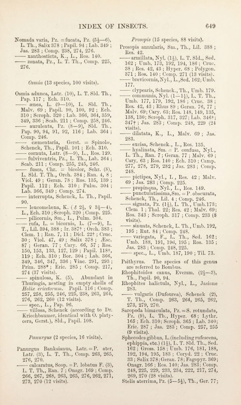 Nomada varia, Pz. = fucata, Pz. (54—6), L. Th., Salix 378 ; Papil. 94 ; Lab. 349 ; Jas. 283 ; Comp. 238, 274, 276. •-xantkosticta, K., L., Ros. 140. -zonata, Pz., L. T. Th., Comp. 225, 276. Osmia (13 species, 100 visits). Osmia adunca, Latr. (10), L. T. Sid. Th., Pap. 117 ; Ech. 310. - aenea, L. (9—10), L. Sid. Th., Malv. 69 ; Papil. 90, 100, 92 ; Ech. 310 ; Scroph. 320 ; Lab. 366, 364, 359, 349, 336 ; Scab. 211 ; Comp. 258, 246. -- aurulenta, Pz. (8—9), Sid. Tli., Pap. 90, 94, 91, 92, 116 ; Lab. 364 ; Comp. 246. - ccementaria, Gerst. = Spinohe, Schenck, Th., Papil. 101 ; Ech. 310. -cornuta, Latr. (8—9), L., Eos. 129. -fulviventris, Pz., L. Th., Lab. 364 ; Scab. 211 ; Comp. 255, 245, 246. - fusca, Chr. = bicolor, Schr. (8), L. Sid. T. Th., Orch. 384 ; Kan. 4, 8 ; Yiol. 49 ; Geran. 78 ; Ros. 135, 139 ; Papil. 112 ; Ech. 310 ; Pulm. 304 ; Lab. 366, 349 ; Comp. 274. -interrupta, Schenck, L. Th., Papil. 90. - leucomehena, K. (6 24, ? 34—4), L., Ech. 310 ; Scroph. 320 ; Comp. 225. -pilicornis, Sm., L., Pulm. 304. -rufa, L. = bicornis, L. (7—9), L. T., Lil. 394, 388 ; Ir. 387t ; Orch. 383 ; Clem. 1 ; Ran. 7, 11 ; Did. 22t ; Cruc. 30 ; Yiol. 47, 49 ; Salix 378 ; disc. 87 ; Geran. 77 ; Cary. 66, 57 ; Ros. 150, 153, 133, 127, 129 ; Papil. 118t, 119 ; Ech. 310 ; Bor. 304 ; Lab. 366, 349, 346, 347, 336 ; Yinc. 291, 293 ; Prim. 288* ; Eric. 285 ; Comp. 217, 274 (37 visits). •- spinulosa, K. (5). Abundant in Thuringia, nesting in empty shells of Helix ericetomm. Papil. 116 ; Comp. 257, 258, 255, 246, 225, 238, 263, 264, 276, 262, 260 (12 visits). -spec., L., Pap. 96. -villosa, Schenck (according to Dr. Kriechbaumer, identical with O. platy- cera, Gerst.), Sid., Papil. 108. Panurgus (2 species, 16 visits). Panurgus Banksianus, Latr. = P. ater, Latr. (3), L. T. Th., Comp. 263, 265, 276, 270. --calcaratus, Scop. = P. lobatus F. (3), L. T. Th,, Ran. 7 ; Onagr. 169 ; Comp. 266, 267, 268, 263, 265, 276, 262, 271, 273, 270 (12 visits). Prosopis (15 species, 88 visits). Prosopis annularis, Sm., Th., Lil. 388 ; lies. 42. -armillata, Nyl. (14), L. T. Sid., Sed. 162 ; Umb. 173, 192, 194, 186 ; Cruc. 38 ; Res. 42, 43 ; Hyper. 68 ; Polygon. 371 ; Ros. 140 ; Comp. 271 (13 visits). -brevicornis,Nyl., L.,Sed. 162;Umb. 177. -clypearis, Schenck., Th., Umb. 179. -communis, Nyl. (1—1J), L. T. Th., Umb. 177, 179, 192, 186 ; Cruc. 38 ; Res. 42, 43 ; Rhus 89 ; Geran. 76, 77 ; Malv. 69; Cary. 63; Ros. 148, 149, 135, 138, 130; Scroph. 317, 327; Lab. 346t; 347f ; Jas. 283 ; Comp. 248, 229 (24 visits). -dilatata, K., L., Malv. 69 ; Jas. 283. -excisa, Schenck., L., Ros. 135. -hyalinata, Sm. — P. confusa, Nyl., L. Th., Ran. 7 ; Geran. 77 ; Malv. 69 ; Cary. 63 ; Ros. 140 ; Ech. 310 ; Camp. 277, 278, 279, 282 ; Jas. 283 ; Comp. 248. -pictipes, Nyl., L , Res. 42 ; Malv. 69 ; Jas. 283 ; Comp. 225. -propincjua, Nyl., L., Ros. 149. -punctulatissima,Sm. = P. obscurata, Schenck, Th., Lil. 4 ; Comp. 246. -signata, Pz. (14), L. Th., Umb. 173; Clem 1 ; Thai. 22; Res. 42 ; Malv. 69; Ros. 343 ; Scroph. 317 ; Comp. 233 (8 visits). -- siuuata, Schenck, L. Th., Umb. 192, 195 ; Rut. 84 ; Comp. 248. -variegata, F., L. Th., Sed. 162; Umb. 188, 191, 196, 195 ; Ros. 135 ; Jas. 283 ; Comp. 248, 225. --spec., L., Umb. 187, 190 ; Til. 73. Psitliyrus. The species of this genus are referred to Bombus. Rhophitoides canus, Eversm. (2|—3), Th., Papil. 90, 94. Rhopbites halictula, Nyl., L., Jasione 283. *-vulgaris (Dufourea), Schenck (2), T. Th., Comp. 263, 264, 265, 262, 273, 279, 270. Saropoda bimaculata, Pz. =S. rotundata, Pz. (9), L. Th., Hyper. 68; Lythr. 165 ; Ech. 310; Scroph. 365 ; Lab. 340; Eric. 287 ; Jas. 283 ; Comp. 257, 255 (9 visits). Sphecodes gibbus, L. (including rufescens, ephippia, etc.) (14), L. T. Sid. Th., Sed. 162 ; Gross. 158 ; Umb. 176, 181, 188, 192, 194, 195, 183 ; Coryd. 22 ; Cruc. 33; Salix 378; Geran. 78;Fagopyr. 369; Onagr. 166 ; Ros. 140; Jas. 283; Comp. 248, 225, 229, 233, 234, 222, 217, 274, 269, 270 (28 visits). Stelis aterrima, Pz. (5—54), Th., Ger. 77;