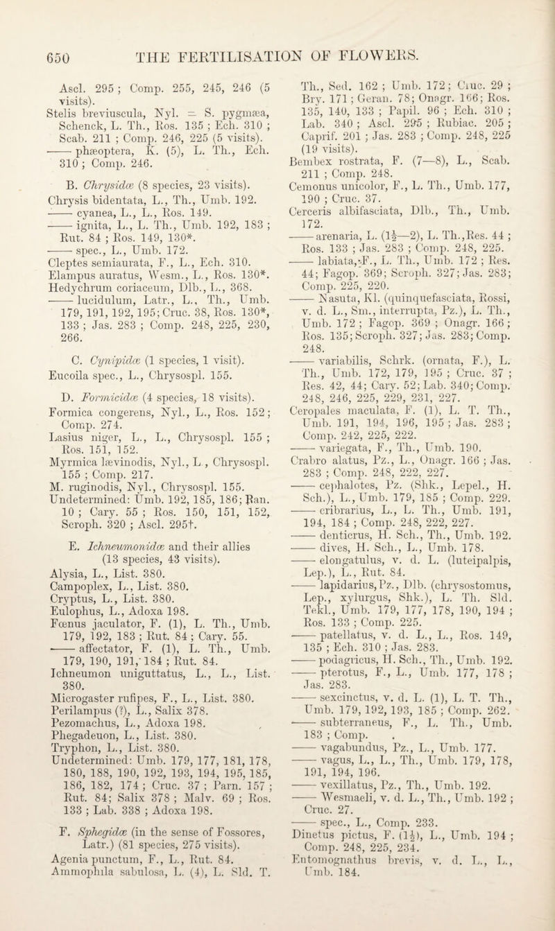 Ascl. 295 ; Comp. 255, 245, 246 (5 visits). Stelis breviuscula, Nyl. — S. pygmsea, Schenck, L. Th., Ros. 135 ; Ech. 310 ; Scab. 211 ; Comp. 246, 225 (5 visits). -phseoptera, Iv. (5), L. Th., Ech. 310 ; Comp. 246. B. Chrysidce (8 species, 23 visits). Chrysis bidentata, L., Th., Umb. 192. --cyanea, L., L., Eos. 149. -ignita, L., L. Th., Umb. 192, 183 ; Eut. 84 ; Eos. 149, 130*. -spec., L., Umb. 172. Cleptes semiaurata, F., L., Ech. 310. Elampus auratus, YVesm., L., Eos. 130*. Hedychrum coriaceum, Dlb., L., 368. — - lucidulum, Latr., L., Th., Umb. 179, 191, 192, 195; Cruc. 38, Eos. 130* 133 ; Jas. 283 ; Comp. 248, 225, 230, 266. C. Cynipidce (1 species, 1 visit). Eucoila spec., L., Chrysospl. 155. D. Formicidce (4 species, 18 visits). Formica cougerens, Nyl., L., Eos. 152; Comp. 274. Lasius niger, L., L., Chrysospl. 155 ; Eos. 151, 152. Myrmica lsevinodis, Nyl., L , Chrysospl. 155 ; Comp. 217. M. ruginodis, Nyl., Chrysospl. 155. Undetermined: Umb. 192, 185, 186; Ban. 10 ; Cary. 55 ; Eos. 150, 151, 152, Scroph. 320 ; Ascl. 295t. E. Ichneumonidce and their allies (13 species, 43 visits). Alysia, L., List. 380. Campoplex, L., List. 380. Cryptus, L., List. 380. Eulophus, L., Adoxa 198. Fcenus jaculator, F. (1), L. Th., Umb. 179, 192, 183 ; Eut. 84; Cary. 55. --affectator, F. (1), L. Th., Umb. 179, 190, 191,'184 ; Eut. 84. Ichneumon uniguttatus, L., L., List. 380. Microgaster rufipes, F., L., List. 380. Perilampus (?), L., Salix 378. Pezomachus, L., Adoxa 198. Phegadeuon, L., List. 380. Tryphon, L., List. 380. Undetermined: Umb. 179, 177, 181, 178, 180, 188, 190, 192, 193, 194, 195, 185, 186, 182, 174 ; Cruc. 37 ; Parn. 157 ; Eut. 84; Salix 378 ; Malv. 69 ; Eos. 133 ; Lab. 338 ; Adoxa 198. F. Sphegidce (in the sense of Fossores, Latr.) (81 species, 275 visits). Agenia punctum, F., L., Eut. 84. Ammojdnla sabulosa, L. (4), L. Sid. T. Th., Sed. 162 ; Umb. 172; Cmc. 29 ; Bry. 171; Geran. 78; Onngr. 166; Eos. 135, 140, 133 ; Papil. 96 ; Ech. 310 ; Lab. 340 ; Ascl. 295 ; Eubiac. 205 ; Caprif. 201 ; Jas. 283 ; Comp. 248, 225 (19 visits). Beinbex rostrata, F. (7—8), L., Scab. 211 ; Comp. 248. Cemonus unicolor, F., L. Th., Umb. 177, 190 ; Cruc. 37. Cerceris albifasciata, Dlb., Th., Umb. 172. -arenaria, L. (1|—2), L. Th.,Ees. 44 ; Eos. 133 ; Jas. 283 ; Comp. 248, 225. -labiata,*E., L. Th., Umb. 172 ; Ees. 44; Fagop. 369; Scroph. 327; Jas. 283; Comp. 225, 220. -Nasuta, Kl. (quinquefasciata, Eossi, v. d. L., Sm., interrupta, Pz.), L. Th., Umb. 172 ; Fagop. 369 ; Onagr. 166 ; Eos. 135; Scroph. 327; Jas. 283; Comp. 248. -variabilis, Schrk. (ornata, F.), L. Th., Umb. 172, 179, 195 ; Cruc. 37 ; Ees. 42, 44; Cary. 52; Lab. 340; Comp. 248, 246, 225, 229, 231, 227. Ceropales maculata, F. (1), L. T. Th., Umb. 191, 194, 196, 195 ; Jas. 283 ; Comp. 242, 225, 222. -variegata, F., Th., Umb. 190. Crabro alatus, Pz., L., Onagr. 166 ; Jas. 283 ; Comp. 248, 222, 227. -cephalotes, Pz. (Shk., Lepel., H. Sell.), L.,Umb. 179, 185 ; Comp. 229. -cribrarius, L., L. Th., Umb. 191, 194, 184 ; Comp. 248, 222, 227. -denticrus, H. Sch., Th., Umb. 192. -dives, H. Sch., L., Umb. 178. -elongatulus, v. d. L. (luteipalpis, Lep.), L., Eut. 84. -lapidariuSjPz., Dlb. (chrysostomus, Lep., xylurgus, Shk.), L. Th. Sid. Tekl., Umb. 179, 177, 178, 190, 194 ; Eos. 133 ; Comp. 225. ■-patellatus, v. d. L., L., Eos. 149, 135 ; Ech. 310 ; Jas. 283. -podagricus, H. Sch., Th., Umb. 192. -pterotus, F., L., Umb. 177, 178 ; Jas. 283. -sexcinctus, v. d. L. (1), L. T. Th., Umb. 179, 192, 193, 185 ; Comp. 262. -subterraneus, F., L. Th., Umb. 183 ; Comp. -vagabundus, Pz., L., Umb. 177. -vagus, L., L., Th., Umb. 179, 178, 191, 194, 196. -vexillatus, Pz., Th., Umb. 192. -Wesmaeli, v. d. L., Th., Umb. 192 ; Cruc. 27. -spec., L., Comp. 233. Dinetus pictus, F. (l£), L., Umb. 194 ; Comp. 248, 225, 234. Entomognathus brevis, v. d. I,., L., Umb. 184.