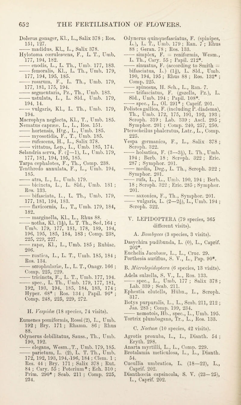 Dolerus gonager, Kl., L., Salix 378 ; Ros. 151, 127. -madidus, Kl., L., Salix 378. Hylotoma coerulescens, F., L. T., Umb. 177, 194, 182. -enodis, L., L. Tli., Umb. 177, 183. -femoralis, Kl., L. Th., Umb. 179, 177, 194, 195, 185. -rosarum, F., L. Th., Umb. 179, 177, 181, 175, 194. -segmentaria, Pz., Th., Umb. 183. • -ustulata, L., L. Sid., Umb. 179, 194, 14. --- vulgaris, Kl., L. Th., Umb. 179, 194. Macrophya neglecta, Kl., T., Umb. 185. Nematus caprsete, L., L., Ros. 151. --hortensis, Htg., L., Umb. 185. -myosotidis, F., T., Umb. 185. --rufescens, H., L., Salix 378. -vittatus, Lep., L., Umb. 185, 174. Selandria serva, F. (|—1), L., Umb. 179, 177, 181, 194, 195, 185. Tarpa cephalotes, F., Tli., Comp. 238. Tenthredo annulata, F., L., Umb. 194, 185. -atra, L., L., Umb. 179. —— bieincta, L., L. Sid., Umb. 181 ; Ros. 133. -bifasciata, L., L. Th., Umb. 179, 177, 181, 194, 183. • -flavicornis, L., T., Umb. 179, 184, 182. -marginella, Kl., L., Rhus 88. -notha, Kl. (1|), L. T. Th., Sed, 164 ; Umb. 179, 177“ 181, 178, 189, 194, 196, 195, 185, 184, 183 ; Comp. 238, 225, 229, 227. • -rapse, Kl., L., Umb. 185; Rubiac. 206. -rustica, L., L. T., Umb. 185, 184 ; Ros. 134. -scrophularise, L., L. T., Onagr. 166 ; Comp. 225, 229. -triciucta, F., L. T., Umb. 177, 194. -spec., L. Th., Umb. 179, 177, 181, 192, 193, 194, 185, 184, 183, 174 ; Hyper. 68* ; Ros. 134 ; Papil. 96* ; Comp. 248, 225, 229, 272. II. Vespidce (18 species, 74 visits). Eumenes pomiformis, Rossi (2), L., Umb. 192 ; Bry. 171 ; Rhamn. 86 ; Rhus 88. Odynerus debilitatus, Sauss., Th., Umb. 190, 192. -elegans, Wesm.,T., Umb. 179, 185. -parietum, L. (2), L. T. Th., Umb. 172, 192, 193, 194,-196, 184 ; Clem. 1 ; Res. 44 ; Bry. 171 ; Salix 378 ; Rut. 84 ; Cary. 55 ; Poterium*; Ech. 310 ; Prim. 290* ; Scab. 211 ; Comp. 225, 234. Odynerus quinquefasciatus, F. (spinipes, L.), L. T., Umb. 179 ; Ran. 7 ; Rhus 88 ; Geran. 78 ; Ros. 133. -simplex, F. = reniformis, Wesm., L. Th., Cary. 55 ; Papil. 212*. -sinuatus, F. (according to Smith = bifasciatus, L.) (1^), L. Sid., Umb. 190, 194, 195 ; Rhus 88 ; Ros. 132* ; Comp. 225. -spinosus, H. Seh., L., Ran. 7. -trifasciatus, F. (gazella, Pz.), L. Sid., Umb. 194 ; Papil. 108*. --spec., L., 01. 291*; Caprif. 201. Polistesgallica, F. (including P. diadema), Th., Umb. 172, 175, 191, 192, 193; Scroph. 319 ; Lab. 339 ; Ascl. 295 ; Symphor. 201 ; Comp. 240, 257, 250. Pterocheilus plialeratus, Latr., L., Comp. 225. Vespa germanica, F., L., Salix 378 ; Scroph. 322. ■-holsatica, F. (3—3|), L. Th., Umb. 194 ; Berb. 18 ; Scroph. 322 ; Eric. 287 ; Symphor. 201. -media, Deg., L. Th., Scroph. 322 ; Symphor. 201. -rufa, L., L., Umb. 190, 194 ; Berb. 18 ; Scroph. 322 ; Eric. 285 ; Symphor. 201. -saxonica, F., Th., Symphor. 201. -vulgaris, L. (2—2h), L., Umb. 194 ; Scroph. 322. V. LEPIDOPTERA (79 species, 365 different visits). A. Bombyces (3 species, 3 visits). Dasychira pudibunda, L. (0), L., Caprif. 202*. Euchelia Jacobaeae, L., L., Cruc. 29. Porthesia auriflua, S. V., L., Pap. 90*. B. Microlepidoptera (6 species, 13 visits). Adela sulzella, S. V., L., Ros. 133. -spec., L., Umb. 177 ; Salix 378 ; Lab. 339 ; Scab. 211. Ephestia elutella, Hiibn., L., Scroph. 317. Botys purpuralis, L., L., Scab. 211, 212 ; Jas. 283 ; Comp. 199, 234. -nemotois, Hb., spec., L., Umb. 195. Tortrix plumbagana, Tr., L., Ros. 133. C. Noctuoe (10 species, 42 visits). Agrotis pronuba, L., L., Dianth. 54 ; Eryth. 298. Anarta myrtilli, L., L., Comp. 229. Brotalamia meticulosa, L., L., Dianth. 54. Cucullia umbratica, L. (18—22), L., Caprif. 202. Dianthoecia capsincola, S. V. (23—25), L., Caprif. 202.