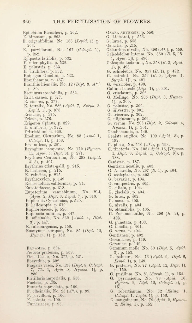 Epilobium Fleischeri, p. 262. E. hirsutum, p. 263. E. origanifolium, No. 168 (Lepid. 1), p. 263. E. parviflorum, No. 167 (Coleopt. 1), p. 262. Epipactis latifolia, p. 532. E. microphylla, p. 532. E. palustris, p. 533. E. viridiflora, p. 532. Epipogon Gmelini, p. 533. Eranthemum, p. 467. Eranthis hiemalis, No. 12 (Dipt. 3, A*.) p. 80. Eremurus spectabilis, p. 552. Erica carnea, p. 377. E. cinerea, p. 377. E. tetralix, No. 286 (Apid. 7, Syrph. 3, Lepid. 1), p. 376. Ericacese, p. 375. Ericese, p. 376. Erigeron alpinus, p. 322. E. uniflorus, p. 322. Eritricliium, p. 422. Erodium Cicutarium, No. 83 (Apid. 1, Coleopt. 1), p. 158. Ervum lens, p. 201. Eryngium campestre, No. 172 (Hymen. 11, Apid. 5, Dipt. 8), p. 271. Erythrsea Centaurinm, No. 298 (Lepid. d. 3), p. 407. Erytlirina crista-galli, p. 215. E. herbacea, p. 215. E. velutina, p. 215. Erythroxylon, p. 149. Eschscholtzia californica, p. 94. Eupatoriacese, p. 318. Eupatorium cannabinum, No. 214, (Apid. 2, Dipt. 6, Lepid. 7), p. 318. Euphorbia Cyparissias, p. 520. E. lielioscopia, p. 519. Eupliorbiacese, p. 520. Euphrasia minima, p. 447. E. officinalis, No. 332 (Apid. 4, Dipt. 3), p. 447. E. salisburgensis, p. 450. Euonymus europrea, No. 85 (Dipt. 12, Hymen. 1), p. 162. Faramea, p. 304. Festuca pratensis, p. 568. Ficus Carica, No. 377, p. 521. Forsythia, p. 392. Fragaria vesca, No. 138 (Dipt. 8, Coleopt. 7, Th. 1, Apid. 8, Hymen. 1), p. 230. Fritillaria imperialis, p. 556. Fuchsia, p. 265. Furnaria capreolata, p. 100. F. officinalis, No. 26 (A*.), p. 99. F. parviflora, p. 100. F. spicata, p. 100. Fumariacese, p. 95. Gagea arvensis, p. 556. G. Liottardi, p. 556. G. lutea, p. 556. Galactia, p. 215. Galanthus nivalis, No. 396 (A*.), p. 559. Galeobdolon luteum, No. 360 (B. 5, [B. 1, Apid. 1J), p. 496. Galeopsis Ladanum, No. 358 (B. 3, Apid. 1), p. 493. G. ochroleuca, No. 357 (B. 1), p. 492. G. tetrahit, No. 356 (B. 3, [Apid. 1, Syrph. 1]), p. 491. G. versicolor, p. 493. Galium boreale (Dipt. 1), p. 301. G. cruciatum, p. 306. G. Mollugo, No. 205 (Dipt. 8, Hymen. 1), p. 300. G. palustre, p. 302. G. silvestre, p. 301. G. tricorne, p. 302. G. uliginosum, p. 302. G. verum, No. 206 (Dipt. 2, Coleopt. 4, Hymen. 1), p. 301. Gaudichaudia, p. 149. Genista anglica, No. 109 (Apid. 3), p. 192. G. pilosa, No. 110 (A*.), p. 193. G. tinctoria, No. 108 (Apid. 16, [Hymen. 1, Dipt. 3, Lepid. 1, Coleopt. 3]), p. 188. Genistese, p. 187. Gentiana acaulis, p. 403. G. Amarella, No. 297 (B. 1), p. 404. G. asclepiadea, p. 403. G. bavarica, p. 404. G. campestris, p. 405. G. ciliata, p. 404. G. glacialis, p. 404. G. lutea, p. 402. G. nana, p. 405. G. nivalis, p. 404. G. obtusifolia, p. 405. G. Pneumonanthe, No. 296 (B. 2), p. 403. G. punctata, p. 403. G. tenella, p. 404. G. verna, p. 404. Gentianeae, p. 402. Geraniaceae, p. 149. Geranieae, p. 149. Geranium molle, No. 80 (Dipt. 5, Apid. 3), p. 153. G. palustre, No. 76 (Apid. 9, Dipt. 6, Lepid. 1), p. 149. G. pratense, No. 77 (Apid. 12, Dipt. 1), p. 150. G. pusillum, No. 81 (Syrph. 1), p. 154. G. pyrenaicum, No. 78 (Apid. 10, Hymen. 2, Dipt. 12, Coleopt. 3), p. 151. G. robertianum, No. 82 (Rhing. 1, Coleopt. 1, Lepid. 1), p. 156. G. sanguineum, No. 79 (Apid. 2, Hymen. 2, Rhing. 1), p. 152.