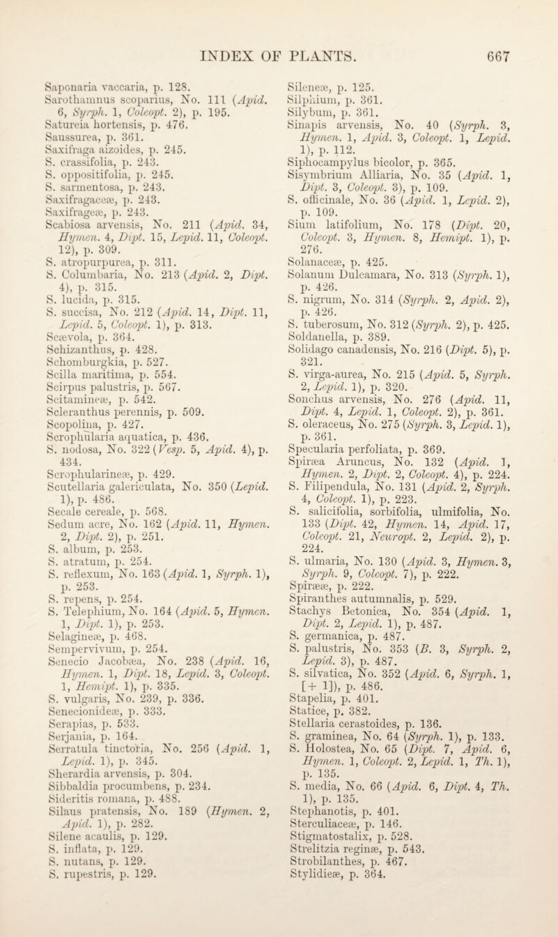 Saponaria vaccaria, p. 128. Sarothamnus scoparius, No. Ill (Apid. 6, Syrph. 1, Coleopt. 2), p. 195. Satureia hortensis, p. 476. Saussurea, p. 361. Saxifraga aizoides, p. 245. S. crassifolia, p. 243. S. oppositifolia, p. 245. S. sarmentosa, p. 243. Saxifragaces, p. 243. Saxifrages, p. 243. Scabiosa arvensis, No. 211 (Apid. 34, Hymen. 4, Dipt. 15, Lepid. 11, Coleopt. 12), p. 309. S. atropurpurea, p. 311. S. Columbaria, No. 213 (Apid. 2, Dipt. 4), p. 315. S. lucida, p. 315. S. succisa, No. 212 (Apid. 14, Dipt. 11, Lepid. 5, Coleopt. 1), p. 313. Scsvola, p. 364. Scliizanthus, p. 428. Schomburgkia, p. 527. Scdlla maritima, p. 554. Seirpus palustris, p. 567. Scitamines, p. 542. Scleranthus perennis, p. 509. Scopolina, p. 427. Scrophularia aquatica, p. 436. S. nodosa, No. 322 (Vesp. 5, Apid. 4), p. 434. Scrophularines, p. 429. Scutellaria galericulata, No. 350 (Lepid. 1), p. 486. Secale cereale, p. 568. Sedum acre, No. 162 (Apid. 11, Hymen. 2, Dipt. 2), p. 251. S. album, p. 253. S. atratum, p. 254. S. reflexum, No. 163 (Apid. 1, Syrph. 1), p. 253. S. repens, p. 254. S. Telephium, No. 164 (Apid. 5, Hymen. 1, Dipt. 1), p. 253. Selagines, p. 468. Sempervivum, p. 254. Senecio Jacobsa, No. 238 (Apid. 16, Hymen. 1, Dipt. 18, Lepid. 3, Coleopt. 1, Hemipt. 1), p. 335. S. vulgaris, No. 239, p. 336. Senecionides, p, 333. Serapias, p. 533. Serjania, p. 164. Serratula tincto'ria, No. 256 (Apid. 1, Lepid. 1), p. 345. Sherardia arvensis, p. 304. Sibbaldia procumbens, p. 234. Sideritis romana, p. 488. Silaus pratensis, No. 189 (Hymen. 2, Apid. 1), p. 282. Silene acaulis, p. 129. S. inflata, p. 129. S. nutans, p. 129. S. rupestris, p. 129. Silenes, p. 125. Silphium, p. 361. Silybum, p. 361. Sinapis arvensis, No. 40 (Syrph. 3, Hymen. 1, Apid. 3, Coleopt. 1, Lepid. .1), P- 112. Siphocampylus bicolor, p. 365. Sisymbrium Alliaria, No. 35 (Apid. 1, Dipt. 3, Coleopt. 3), p. 109. S. officinale, No. 36 (Apid. 1, Lepid. 2), p. 109. Sium latifolium, No. 178 (Dipt. 20, Coleopt. 3, Hymen. 8, Hemipt. 1), p. 276. Solanaces, p. 425. Solanum Dulcamara, No. 313 (Syrph. 1), p. 426. S. nigrum, No. 314 (Syrph. 2, Apid. 2), p. 426. S. tuberosum, No. 312 (Syrph. 2), p. 425. Soldanella, p. 389. Solidago canadensis, No. 216 (Dipt. 5), p. 321. S. virga-aurea, No. 215 (Apid. 5, Syrph. 2, Lepid. 1), p. 320. Sonclius arvensis, No. 276 (Apid. 11, Dipt. 4, Lepid. 1, Coleopt. 2), p. 361. S. oleraceus, No. 275 (Syrph. 3, Lepid. 1), p. 361. Specularia perfoliata, p. 369. Spirsa Aruncus, No. 132 (Apid. 1, Hymen. 2, Dipt. 2, Coleopt. 4), p. 224. S. Filipendula, No. 131 (Apid. 2, Syrph. 4, Coleopt. 1), p. 223. S. salicifolia, sorbifolia, ulmifolia, No. 133 (Dipt. 42, Hymen. 14, Apid. 17, Coleopt. 21, Neuropt. 2, Lepid. 2), p. 224. S. ulmaria, No. 130 (Apid. 3, Hymen. 3, Syrph. 9, Coleopt. 7), p. 222. Spirss, p. 222. Spiranthes autumnalis, p. 529. Stachys Betonica, No. 354 (Apid. 1, Dipt. 2, Lepid. 1), p. 487. S. germanica, p. 487. S. palustris, No. 353 (B. 3, Syrph. 2, Lepid. 3), p. 487. S. silvatica, No. 352 (Apid. 6, Syrph. 1, [+ 1])> P- 186. Stapelia, p. 401. Statice, p. 382. Stellaria cerastoides, p. 136. S. graminea, No. 64 (Syrph. 1), p. 133. S. Holostea, No. 65 (Dipt. 7, Apid. 6, Hymen. 1, Colcopt. 2, Lepid. 1, Th. 1), p. 135. S. media, No. 66 (Apid. 6, Dipt. 4, Th. 1), p. 135. Stephanotis, p. 401. Sterculiaces, p. 146. Stigmatostalix, p. 528. Strelitzia regins, p. 543. Strobilanthes, p. 467. Stylidies, p. 364.