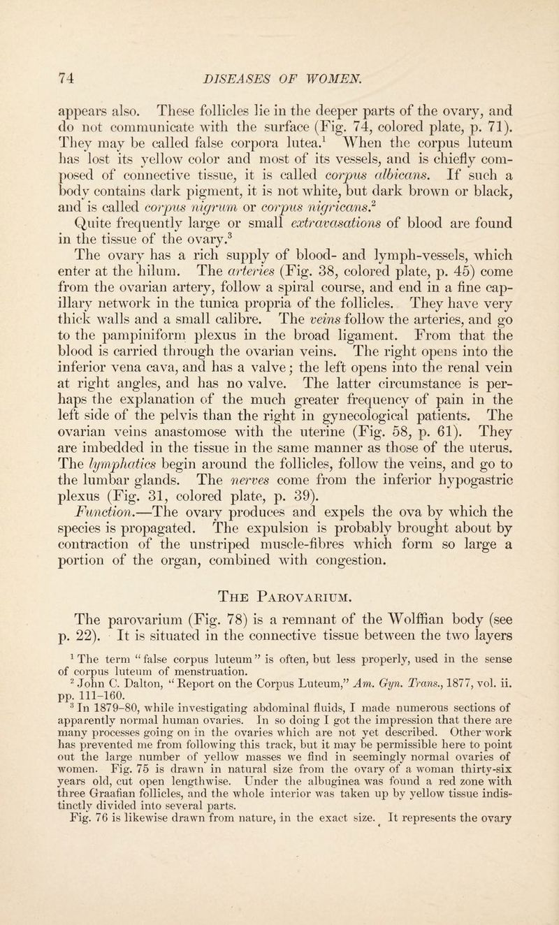 appears also. These follicles lie in the deeper parts of the ovary, and do not communicate with the surface (Fig. 74, colored plate, p. 71). They may be called false corpora lutea.1 When the corpus luteum has lost its yellow color and most of its vessels, and is chiefly com¬ posed of connective tissue, it is called corpus albicans. If such a body contains dark pigment, it is not white, but dark brown or black, and is called corpus nigrum or corpus nigricans.2 Quite frequently large or small extravasations of blood are found in the tissue of the ovary.3 The ovary has a rich supply of blood- and lymph-vessels, which enter at the hilurn. The arteries (Fig. 38, colored plate, p. 45) come from the ovarian artery, follow a spiral course, and end in a fine cap¬ illary network in the tunica propria of the follicles. They have very thick walls and a small calibre. The veins follow the arteries, and go to the pampiniform plexus in the broad ligament. From that the blood is carried through the ovarian veins. The right opens into the inferior vena cava, and has a valve; the left opens into the renal vein at right angles, and has no valve. The latter circumstance is per¬ haps the explanation of the much greater frequency of pain in the left side of the pelvis than the right in gynecological patients. The ovarian veins anastomose with the uterine (Fig. 58, p. 61). They are imbedded in the tissue in the same manner as those of the uterus. The lymphatics begin around the follicles, follow the veins, and go to the lumbar glands. The nerves come from the inferior hypogastric plexus (Fig. 31, colored plate, p. 39). Function.—The ovary produces and expels the ova by which the species is propagated. The expulsion is probably brought about by contraction of the unstriped muscle-fibres which form so large a portion of the organ, combined with congestion. The Parovarium. The parovarium (Fig. 78) is a remnant of the Wolffian body (see p. 22). It is situated in the connective tissue between the two layers 1 The term “ false corpus luteum ” is often, but less properly, used in the sense of corpus luteum of menstruation. 2 John C. Dalton, “Report on the Corpus Luteum,” Am. Gyn. Trans., 1877, vol. ii. pp. 111-160. 3 In 1879-80, while investigating abdominal fluids, I made numerous sections of apparently normal human ovaries. In so doing I got the impression that there are many processes going on in the ovaries which are not yet described. Other work has prevented me from following this track, but it may be permissible here to point out the large number of yellow masses we find in seemingly normal ovaries of women. Fig. 75 is drawn in natural size from the ovary of a woman thirty-six years old, cut open lengthwise. Under the albuginea was found a red zone with three Graafian follicles, and the whole interior was taken up by yellow tissue indis¬ tinctly divided into several parts. Fig. 76 is likewise drawn from nature, in the exact size. It represents the ovary