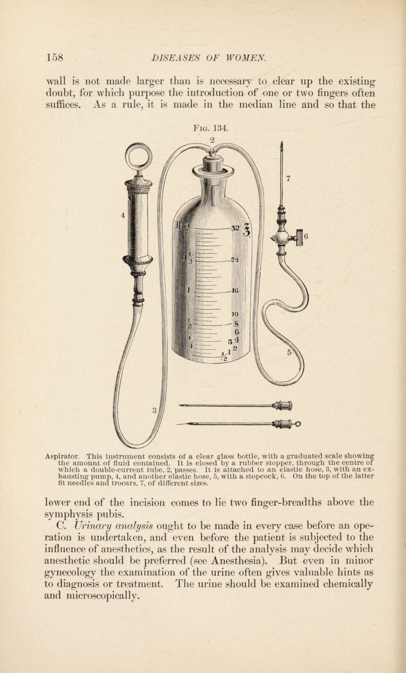 wall is not made larger than is necessary to clear up the existing doubt, for which purpose the introduction of one or two fingers often suffices. As a rule, it is made in the median line and so that the Fig. 134. Aspirator. This instrument consists of a clear glass bottle, with a graduated scale showing- the amount of fluid contained. It is closed by a rubber stopper, through the centre of which a double-current tube, 2, passes. It is attached to an elastic hose, 3, with an ex¬ hausting pump, 4, and another elastic hose, 5, with a stopcock, 6. On the top of the latter fit needles and trocars, 7, of different sizes. lower end of the incision comes to lie two finger-breadths above the symphysis pubis. C. Urinary analysis ought to be made in every case before an ope¬ ration is undertaken, and even before the patient is subjected to the influence of anesthetics, as the result of the analysis may decide which anesthetic should be preferred (see Anesthesia). But even in minor gynecology the examination of the urine often gives valuable hints as to diagnosis or treatment. The urine should be examined chemically and microscopically.