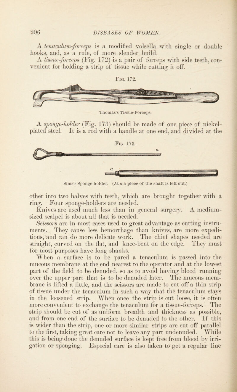 A tenaculum-forceps is a modified volsella with single or double hooks, and, as a rule, of more slender build. A tissue-forceps (Fig. 172) is a pair of forceps with side teeth, con¬ venient for holding a strip of tissue while cutting it off. Fig. 172. Thomas’s Tissue-Forceps. A sponge-holder (Fig. 173) should be made of one piece of nickel- plated steel. It is a rod witli a handle at one end, and divided at the Fig. 173. Sims’s Sponge-holder. (At a a piece of the shaft is left out.) other into two halves with teeth, which are brought together with a ring. Four sponge-holders are needed. Knives are used much less than in general surgery. A medium¬ sized scalpel is about all that is needed. Scissors are in most cases used to great advantage as cutting instru¬ ments. They cause less hemorrhage than knives, are more expedi¬ tious, and can do more delicate work. The chief shapes needed are straight, curved on the flat, and knee-bent on the edge. They must for most purposes have long shanks. When a surface is to be pared a tenaculum is passed into the mucous membrane at the end nearest to the operator and at the lowest part of the field to be denuded, so as to avoid having blood running over the upper part that is to be denuded later. The mucous mem¬ brane is lifted a little, and the scissors are made to cut off a thin strip of tissue under the tenaculum in such a way that the tenaculum stays in the loosened strip. When once the strip is cut loose, it is often more convenient to exchange the tenaculum for a tissue-forceps. The strip should be cut of as uniform breadth and thickness as possible, and from one end of the surface to be denuded to the other. If this is wider than the strip, one or more similar strips are cut off parallel to the first, taking great care not to leave any part undenuded. While this is being done the denuded surface is kept free from blood by irri¬ gation or sponging. Especial care is also taken to get a regular line