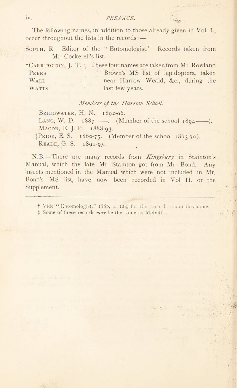 The following names, in addition to those already given in Vol. I., occur throughout the lists in the records :— South, R. Editor of the “ Entomologist.” Records taken from Mr. Cockerell’s list. ICarrington, J. T. \ These four names are taken from Mr. Rowland Peers Brown’s MS list of lepidoptera, taken Wall , near Harrow Weald, &c., during the Watts last few years. Members of the Harrow School. Bridgwater, H. N. 1892-96. Lang, W. D. 1887-. (Member of the school 1894-). Magor, E. J. P. 1888-93. JPrior, E. S. 1860-75. (Member of the school 1863-70). Reade, G. S. 1891-95. N.B.—There are many records from Kingsbury in Stainton’s Manual, which the late Mr. Stainton got from Mr. Bond. Any insects mentioned in the Manual which were not included in Mr. Bond’s MS list, have now been recorded in Vol II. or the Supplement. f Vide “ Entomologist,” 1 8S0, p. 124, for the records under this name. X Some of these records may be the same as Melvill’s.