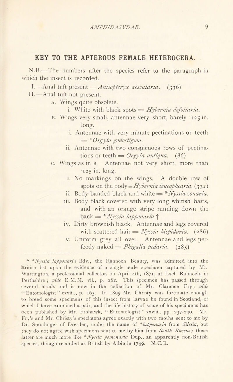 KEY TO THE APTEROUS FEMALE HETEROCERA. N.B.—The numbers after the species refer to the paragraph in which the insect is recorded. I.—Anal tuft present — Anisopteryx aescularia. (336) II.—Anal tuft not present. a. Wings quite obsolete. i. White with black spots = Hybernia defoliaria. b. Wings very small, antennae very short, barely '125 in, long. L Antennae with very minute pectinations or teeth — * * Orgyia gono stigma. ii. Antennae with two conspicuous rows of pectina¬ tions or teeth — Orgyia anti qua. (86) c. Wings as in b. Antennae not very short, more than •125 in. long. i. No markings on the wings. A double row of spots on the body = Hybernia leucophearia. (332) ii. Body banded black and white = *Nyssia zonaria. iii. Body black covered with very long whitish hairs, and with an orange stripe running down the back = * Nyssi a lapponaria. f iv. Dirty brownish black. Antennae and legs covered with scattered hair = Nyssia hispidaria. (286) v. Uniform grey all over. Antennae and legs per¬ fectly naked = Phigalia pedaria. (285) t * Nyssia lapponaria Bdv., the Rannoch Beauty, was admitted into the British list upon the evidence of a single male specimen captured by Mr. Warrington, a professional collector, on April 4th, 1871, at Loch Rannoch, in Perthshire; vide E.M.M. vii.„ p. 282. This specimen has passed through ■several hands and is now in the collection of Mr. Clarence Fry; vide *£ Entomologist ” xxviii., p. 163. In 1895 Mr. Christy was fortunate enough to breed some specimens of this insect from larvae he found in Scotland, of which I have examined a pair, and the life history of some of his specimens has been published by Mr. Frohawk, Entomologist ” xxviii., pp. 237-240. Mr. Fry’s and Mr. Christy’s specimens agree exactly with two moths sent to me by Dr. Staudinger of Dresden, under the name of *lapponaria from Silesia, but they do not agree with specimens sent to me by him from South Russia ; these latter are much more like * Nyssia pomonaria Dup., an apparently non-British species, though recorded as British by Albin in 1749. N.C.R.