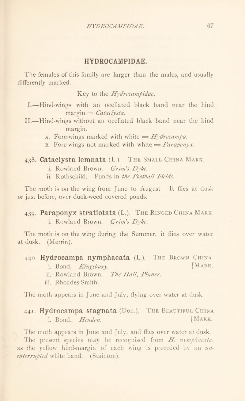 HYDROCAMPIDAE. The females of this family are larger than the males, and usually differently marked. Key to the Hydrocampidae. I.—Hind-wings with an ocellated black band near the hind margin - — Cataclysta, II.—Hind-wings without an ocellated black band near the hind margin. a. Fore-wings marked with white = Hydrocampa. b. Fore-wings not marked with white = Paraponyx. 438. Cataclysta lemnata (L.). The Small China Mark, i. Rowland Brown. Grim's Dyke, ii. Rothschild. Ponds in the Football Fields, The moth is on the wing from June to August. It flies at dusk or just before, over duck-weed covered ponds, 439. Paraponyx stratiotata (L.). The Ringed China Mark. i. Rowland Brown, Grim's Dyke, The moth is on the wing during the Summer, it flies over water at dusk. (Merrin). 44°' Hydrocampa nymphaeata (L.). The Brown China i. Bond, Kingsbury, [Mark. ii. Rowland Brown, The Hall, Pinner. iii. Rhoades-Smith. The moth appears in June and July, flying over water at dusk. 441. Hydrocampa Stagnata (Don.), The Beautiful China i. Bond, Hendon. [Mark. The moth appears in June and July, and flies over water at dusk. The present species may be recognised from H. nymphaeata, as the yellow hind-margin of each wing is preceded by an un¬ interrupted white band. (Stainton).