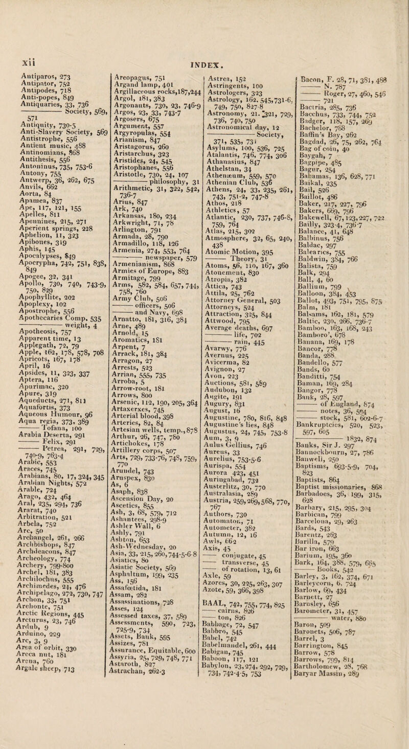 XU Autiparos, 273 Antipator, 75a Antipodes, 718 Anti-popes, 849 Antiquaries, 33, 736 -— Society, 569, Antiquity, 730-5 Anti-Slavery Society, 569 Antistroplie, 556 Antient music, 488 Antinomians, 868 Antithesis, 556 Antoninus, 735, 753-6 Antony, 755 Antwerp, 36, 262, 675 Anvils, 662 Aorta, 84 Aparaea, 837 Ape, 117, 121, 155 Apelles, 811 Apennines, 215, 271 Aperient springs, 228 Aphelion, 11, 323 Apibones, 319 Aphis, 145 Apocalypses, S49 Apocrypha, 742, 751, 838, 849 Apope, 32, 341 Apollo, 730, 740, 743-9, 750, 829 Apophyllite, 202 Apoplexy, 102 Apostrophe, 556 Apothecaries Comp. 535 weight, 4 INDEX. Apotheosis, 757 Apparent time, 13 Applegath, 72, 79 Apple, 162, 178, 578, 708 Apricots, 167, 178 April, 16 Apsides, 11, 323, 337 Aptera, 116 Apurimac, 320 Apure, 319 Aqueducts, 271, 811 Aquafortis, 373 Aqueous Humour, 96 Aqua regia, 373, 389 -Tofana, 100 Arabia Deserta, 291 - Felix, 291 - Petrea, 291, 729, . 740-9, 763-4 Arabic, 553 Araces, 745 Arabians, 80, 17, 324, 345 Arabian Nights,' 572 Arable, 724 Arago, 432, 464 Aral, 235, 294, 736 Ararat, 740 Arbitration, 521 Arbela, 752 Arc, 50 Archangel, 261, 266 Archbishops, 847 Archdeacons, 847 Arclieology, 774 Archery, 799*800 Archel, i8i, 383 Arcliilochiis, 555 Archimedes, 24, 476 Archipelago, 272, 730, 747 Archon, 33, 751 Arehonte, 751 Arctic Kcgions, 445 Arclurus, 23, 746 Ardub, 9 Arduino, 229 Arc, 3, 9 Area of orbit, 330 Areca niit, 181 Arena, 760 Argale sheep, 713 Areopagus, 751 Argand lamp, 40I Argillaceous rocks,187,244 Argol, 181, 383 Argonauts, 730, 23, 746-9 Argos, 23, 33, 743-7 Argosers, 675 Argument, 557 Argyropulas, 554 Arianism, 847 Aristagorus, 260 Aristarchus, 323 Aristides, 24, 545 Aristophanes, 556 Aristotle, 730, 24, 107 -philosophy, 31 Arithmetic, 31, 322, 542, . 736-7 Arius, 847 Ark, 740 Arkansas, 180, 234 Arkwright, 71, 78 Arlington, 791 Armada, 28, 790 Armadillo, 118, 126 Armenia, 274, 553, 764 ---- newspaper, 579 Armenianism, 868 Armies of Europe, 883 Armitage, 799 Arms, 582, 584, 657, 744, 758, 760 Army Club, 506 officers, 506 and Navy, 698 Arnatto, i8l, 316, 384 Arne, 489 Arnold, 15 Aromatics, iSl Arpent, 7 Arrack, 181, 384 Arragon, 27 Arrests, 523 Arrian, 555, 735 Arroba, 5 Arrow-root, 181 Arrows, 800 Arsenic, 112, 190, 205, 364 Artaxerxes, 745 Arterial blood, 398 Arteries, 82, 84 Artesian wells, temp.,878 Arthur, 26, 747, 780 Artichokes, 178 Artillery corps, 507 Arts, 729, 733-76, 74S, 759, 770 Arundel, 743 Aruspex, 830 As, 6 Asaph, 838 Ascension Da}', 20 Ascetics, 855 Ash, 3, 68, 579, 712 Ashantees, 298-9 Ashler Wall, 6 Ashly, 791 Ashton, 653 Ash-Wednesdav, 20 Asia, 33, 215,260,744-5-6 8 Asiatics, 80 Asiatic Society, 569 Asphaltum, 199, 235 Ass, 156 Assafoetida, 181 Assam, 282 Assassinations, 728 Asses, 124 Assessed taxes, 37, 589 Assessments, 590, 723, , 72.5-9, 734 Assets, Bank, 595 Assizes, 781 Assurance, Equitable, 600 Assyria, 25, 729, 748, 771 Astaroth, 827 Astrachan, 262-3 Astrea, 152 Astringents, loo Astrologers, 323 Astrology, 162.545,731-6, . 749, 750, 827 8 Astronomy, 21. |^21, 729, . 736, 740, 750 Astronomical day, 12 ---Society, . 371, 535, 731 Asylums, 100, 536, 725 Atalantis, 746, 774, 306 Athanasius, 847 Athelstan, 34 Athenaeum, 559, 570 Athenian Club, 536 Athens, 24, 33, 235, 261, 743, 751-2, 747-8 Athos, 218 Athletics, 57 Atlantic, 230, 737, 746-8, . 759, 764 Atlas, 215, 302 Atmosphere, 32, 65, 240, 438 Atomic Motion, 395 Theory, 31 Atoms, 56, 110, 167, 360 Atonement, 830 Atropia, 382 Attica, 743 Attila, 25, 762 Attorney General, 503 Attorneys, 524 Attraction, 325, 844 Attwood, 795 Average deaths, 697 life, 702 rain, 445 Avarwy, 776 Avernus, 225 Avicerma, 82 Avignon, 27 Avon, 223 Auctions, 581, 589 Audubon, 132 Augite, 191 Augury, 831 August, 16 Augustine, 780, 816, 848 Augustine’s lies, 848 Augustus, 24, 745, 753-8 Aum, 3, 9 Aulus Gellius, 746 Aureus, 33 Aurelius, 753-5-6 Aurispa, 554 Aurora 423, 451 Auriugabad, 732 Austerlitz, 30, 770 Avistralasia, 289 Austria, 259,2%, 568, 770, 767 Authors, 730 Automaton, 71 Autometer, 382 Autumn, 12, 16 Awls, 662 Axis, 45 - conjugate, 45 - transverse, 45 - of rotation, 13, 6l Axle, 59 Azores, 30, 225, 263, 307 Azote, 59, 366, 398 BAAL, 742, 755, 774, 825 -cairns. 826 - ton, 826 Babbage, 72, 547 Uahbro, Babel, 742 Babelmandel, 261. 444 Babigan,745 Baboon, 117, 121 Babylon, 23,274, 292, 729, 734, 742-4-5, 753 Bacon, F. 28, 71, 381, 488 - N. 787 -- Roger, 27, 460, 546 --721 Bactria, 285, 736 Bacchus, 733, 744, 752 Badger, 118, 157, 269 Bachelor, 788 Baffin’s Bay, 262 Bagdad, 26, 75, 262, 764 Bag of coin, 40 Baygah, 7 Bagpipe, 485 Bagur, 254 Bahamas, 136, 628, 771 Baikal, 235 Bail, 526 Baillot, 486 Baker, 217, 227, 796 Bakers, 669, 796 Bakewell, 67,123,227, 722 Bailly, 323-4, 736 7 Balance, 41, 648 Balbinus, 7^ Baldac, 297 Baleancs, 755 Baldwin, 3S4, 766 Balista, 759 Balk, 294 Ball, 4, 60 Balliura, 799 Balloon, 384, 453 Ballot, 493, 751, 795, 87s Balm, 181 Balsams, 162, 181, 579 Baltic, 230, 266, 736-7 Bamboo, 163, 16S, 243 Bamboro’, 678 Banana, 169, 178 Bancor, 778 Banda, 288 Bandello, 577 Bands, 60 Banditti, 754 Bamaii, 169, 284 Bangor, 778 Bank, 28, 597 - of England, S74 - notes, 36, 594 - stock, 581, 602-6-7 Bankruptcies, 520, 523, 597, 605 1832, 874 Banks, Sir J. 297 Bannockbourii, 27, 786 Banweli, 250 Baptisms, 693-5-9, 704, 823 Baptists, 864 Baptist missionaries, 868 Barbadoes, 36, 199, 315, 6‘28 Barbary, 215, 295, 304 Barbican, 799 Barcelona, 29, 263 Bards, 543 Barentz, 263 Barilla, 579 Bar iron, 663 Barium, 195, 360 Bark, 164, 388, 579, 665 -Books, 54-2 Barley, 3, 162, 374, 671 Barleycorn, 6. 7-24 Barlow, 6f), 434 Barnett, 27 Barnsley, 656 Barometer, 31, 457 - water, 880 Baron, 509 Baronets, 506, 787 Barrel, 3 Barrington, 845 Barrow, 578 Barrows, '799, 814 Bartholomew, 28, 768 Baryar Massin, 289