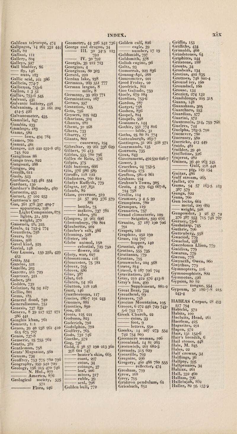 Galilean telescope, 474 Galipagos, I4 •2&2 332 444 Gall, 8*2 Gallaiii, 111 Gallery, 804 Galleys, 5*27 Gall blatltier, 86 -fly, 146 - nuts, 183 Gallic acid, 161 386 Gallicia, 774-7 Galliepus, 753-6 Gallon, 1 3 51 Callus, 753-6 545 Galvain, 431 Galvanic battery, 428 Galvanism, 4 31 i6l 204 414-5 426 Galvanometer, 435 Gamaliel, 847 Gambia, 233 Gamboge, 183 Game, 582 -- laws, 494 784 Games, 760 Gamut, 481 Ganges, 218 2*20 232-8 283 745 822 Ganglions 88 Gango tree, 822 Gangouri, 288 Gangue, 204 Ganilh, 611 Gaols, 5*23 Gardiner, 145 481 554 Gardner, 130 Gardner's Balraody, 489 Garnerin, 453 Garnet, 57 202 253 Garrison's 507 Gas, 361 378 397 404-7 -apparatus, 198 -Light Companies, 875 - lights, 31, 529 -— weight, 370 Gassendi, 28, 325 Gauls, 24 753-4 774 Gauntlets, 758 Gaurs, 820 Gauss, 568 Gavel kind, 525 Gavial, 148 Gay Lussac, 159 358, 439 453 Gaza, 554 Gazelee, 521 Gazelle, 303 Gazette, 561 729 Gazeteer, 321 Geber, 381 Geddes, 739 Gelatine, 84 94 167 Gellio, 801 Gems, 185 General flood, 740 Generalissimo, 751 Genesis, 737 839 Geneva, 8 39 217 237 271 386 441 Genghis khan, 761 Gennett, lot Genoa, 39 40 Q38 261 410 615 675 767 Genos, 737-8 Genseric, *25 755 762 Gentia, 382 Gentleman, 758 Gents' Magazine, 560 Genum, 7^ Geoffrey, 753 775 780 796 Geography, 259 812 729 Geology, 156 215 470 746 -N. Hoi., 877 - America, 876 Geological society, 535 571 -Flora, 246 Geometry, 44 326 542 736 George and dragpn, 34 - III. 30 34-5 123 792 IV. 30 792 Georgia, 39 212 723 Georgian, 4 Georgians, 80 303 Gerard, 2*20 Gerdan lake, 238 Germans, 269 551 777 German league, 8 -mile, 8 Germany, 39 269 771 Germination, 167 Germs, 557 Gestation, 155 Geta, 756 Geysers, 2*25 243 Gharians, 304 Ghauts, 282 Ghent, 30 268 Gheza, 733 Ghurry, 17 Giants, 802 causeway, 194 Gibraltar, 29 261 338 629 Gilbert, 76 413 Gildas, 555 780 796 Gilles de Retz, 576 Gilpin, 375 Gilt buttons, 666 Gin, 376 386 589 Giraffe, I18 122 Gladiators, 760 812 Gladys Ruffyth, 779 Glagas, 107.831 Glands, 8*2 Glass, governor, 319 -31 57 209 376 579 881 - bottle, 75 - makers, 737 781 tubes, 381 Glasgow, 31 261 696 Glastonbury, 780 801 Glauberite, 202 Glauber's salt, 386 Gleaning, 528 Glister, 102 Globe animal, 150 - celestial, 729 750 flower, 160 Glory, war, 627 Glossostoma, 116 Gloucester, 75 781 Glover, 795 Gloves, 5^ Glue, 387 Glut, 618 Gluten, 94 l6l Glutton, 118 128 Gnat, 146 Gnathostoraa, I17 Gneiss, 186-7 191 243 Gnomes, 881 Gnostics, 850 Gou, *261 Goats, 1*25 221 Godama, 8*23 Goderich, 792 Godolphin, 792 Godfrey, 765 Gods, 732 746 Goethe, 572 Gog, 736 Gold, 6 38 57 190 213 360 398 601 747 -beater’s skin, 665 -coast, 297 -coins, 34 -coinage, 37 -leaf, 206 -mines, 317 -ruble, 39 seal, 798 Golden calf, 8*26 - eagle, 39 -number, 17 19 Goldsmidt, 797 Goldsmith, 578 Goliah engine, 96 Goltz, 93 Gomorrah, 229 836 Gonang-Api, 288 Goniometer, 201 Good Friday. 20 Goodrich, 861 Goo Galindo, 759 Goole, 679 884 Gordian, 753-6 Gordon, 787 Gorget, 758 Goshen, 836 Gospel, 8*24 Gospels, 558 Gossamer, 144 Gothic, 551 774 816 bible, 31 Golden bull, 772 Goths, 25 80 81 774 Gottenburgh, *263-7 Gottingen, 31 261 568 571 Gourmands, 135 Gournou, 735 Gout, 843 Government, 492592 626-7 Gower, 3 Gracchus, 24 753-5 Grafting, 275 Grafton, 581-2 861 Graham, *2*24 Graham’s Town, 305 Grain, 4 579 643 667-8, 724 758 Grallse, II4 Gramme, 3 4 5 39 Grampians, 780 Grampus, 119 Granaries, 757 Grand climacteric, 109 Seignior, 529 676 Granite, 57 187 190 706 791 Grapes, 162 Graphite, 252 190 Grass, 124 707 -hopper, 140 Grassini, 489 Gratian, 555 735 Gratianus, 779 Grattan, 795 Grauwacke, 204 568 Grave, 814 Gravel, 6 187 706 724 Gravitation, 326 Gray, 219 422 576 413-8 Gray’s Inn, 499 -Supplement, 881-2 Great Bear, 734 Greathead, 69 Greaves, 758 Grecian Mountains, 195 Greece, 6 272 446 729 743- 5-6 7.52 771 Greek Church, 22 -coins, 33 -foot, 9 -letters, 550 Greeks, 14 107 273 554 742 754 809 Greenacre woman, 106 Greenland, 14 81 263 Greenwich, 261 682-3 Grenada, 315 629 Grenville, 792 Gregoire, 296 Gregory, 460 488 780 555 reflector, 474 Gresham, 799 Grew, 168 Grey, 795 Gridiron pendulum, 6l Griesbach, 852 Griffin, 153 Griffiths, 434 Grimaldi, 460 Grindstones, 64 Griphites, 244 Gritstone, 188 Grouts, 34 Grosbeak, 134 Grotius, 492 835 Grottoes, 748 801-4 Ground ivy, 160 Groundsel, 160 Grouse, 134 Grozier, 274 132 Guadaloupe, 265 315 Guana, 148 Guanaham, 305 Guarcharo, 253 Guardian, 577 Guarini, 572 Guatemala, 314, 759 768 Guelres, 744 Guelphs, 783-5 790 Guenever, 780 Guernsey, 580 Guericke, 413 449 Guido, 481 Guilder, 39 40 Guillotine, 526 Gujerat, *282 Guinea, 36 40 263 345 - Gulf, *21)8 442 —:— pig. 129 154 Guitar, 486 Gulf stream, 265 Gullet, 270 Gums, 94 57 163-5 183 387 579 Gunga, 822 Guns, 760 Gun locks, 662 -* metal, 209 662 -weight, 508 Gunpowder, 3 28 57 72 ^376 387 553 715 746 767 Gurney, 75-6 Gushstasp, 745 Guthrie, 796 Guttenberg, 558 Gwaciod, 779 Gwaelod, 238 Gwerdonea Llion, 779 Gwidiva, 779 Gwaran, 779 Gwron, 778 Gwyneth, Owen, 860 Gwythus, 779 Gymnopteraj 116 Gymnosophists, 822 Gymnotus, 426 Gypsies, 80 8*2 -- tongue, 554 Gypsum, 57 186-7-8 215 243-4 HABE.4S Corpus, *28 493 S}7 794 Habicht, 572 Habits, 100 Hacluits, Head, 261 Haerlem, 425 Hagarites, 291 Hagen, 572 Hair, 131 154-6 Hair’s breadth, 6 Hail stones, 448 Hale, M. 845 Hales, 22 Half crowns, 34 Halflings, 36 Halfpay, 595 Halfpennies, 34 Halilax, 261 Hall, 33*2 460 Hallam, 796 Hallelujah, 862 Haller, 82 95 153*9