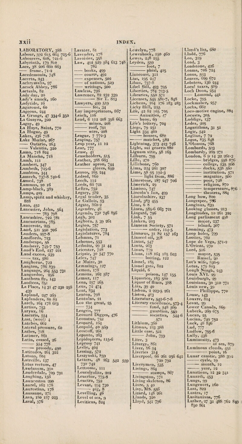 LABORATORY, 388 I Labour, 592 615 6()4 725-6 Labourers, 608, 721-6 Labyrinth, 179 810 Lace, 38 206 660 663 - frame, 71-2 Lacedemonia, 748 Lacerta, 243 Lachrvrnalis, 97 Lacock Abbey, 786 Lacteals, 82 Lady day, 20 Lady’s smock, 160 Ladytide, 16 Lagaroust, 60 Lagoons, 244 La Grange, 47 334-6 350 La Guayra, 320 Lagny, 49 La Haye, Saint, 770 La Hogue, 49 Lakes, 236 718 Lake Mcelar, 267 - Ontario, 263 - Valentia, 320 Lama, 718 824 La Mancha, 718 Lamb, ill Lambert, 347 Lambeth, 725-6 Lainbton, 344 Lamech, 737-8 740-6 Lamed, 738 Lammas, 20 16 Lamp-black, 389 Lamps, 409 Lamp, spirit and whiskey, 888 Lana, 452 Lancaster, John, 564 Lancashire, 722 781 Lancastrians, 785 Lancerote, 225 Land, 521 590 706 Landers, 297-8 Landlords, 723 Landscape, 56 Landseer, 745-7 759 Land’s End, 237 261 Laud excess, 239 --tax, 586 Langhorne, 722 Langton, 786 839 Language, 264 553 731 Languedoc, 256 Lanthern fly, 143 Laodicea, 851 La I’lace, 14 31 47 230 258 , 439 Lapland, 247 269 Laplanders, 80 82 Larch, 164 178 683 Lartius, 753 Larynx, 86 Lascaris, 554 Last, (wool) 4 Latches, 662 Lateral pressure, 60 Lathes, 718 Latimer, 861 Latin, ceased, 26 - 554 778 -prosody, 490 I.atitudes, 26l 322 Latona, 804 Latreille, 137 Latus rectum, 47 Laudanum, 390 Lauderdale, 709 791 Laughing, 156 ' Launceston 290 Laurel, 162 178 Laurestina, 178 Lausanne, 271 Lava, 180 187 223 Ltival, 576 Lavater, 81 Lavender, 178 Lavoisier, 358 Law, 49-2 5-29 584 613 748 782 - books, 499 -- courts, 492 - expenses, 502 • - of nations, 529 - writings, 500 Lawless, 7^ Lawrence, 82 232 339 —-Sir T. 883 Lawyers, 499 519 - fee, 34 Lay impropriators, 867 Leach, 116 Lead, 6 112 208 398 663 • - mines, 208 -roof, 781 ■- wire, 208 League, 7 772-3 Leaping, 757 Leap year, 11 12 Lear, 777 Lease, 41 Leaseholders, 515 Leather, 388 663 Leather apron, 744 - gloves, 659 Leaves, 165 244 Ledred, 860 Leech, 112 Leeds, 66 721 Leftra, 752 Legacy, 582 Legal tender, 35 Le Gallois, 93 Legate, 860-2 Legendre, 46 Legends, 730 746 856 Legh, 302 Leghorn, 5 39 261 Legion, 757 Legislation, 773 Legislatures, 784 Lehman, 71 Lehonne, 553 Leibnitz, 29 31 44 Leicester, 728 Leipsic, 30 547 770 Lelex, 747 Le Mai re, 30 Lemmings, I27 Lemon, 178 Lemons, 162 587 Lemur, 117 Lena, 257 265 Lens, 72 474 Lent, 834 Lenton, 798 Lentulus, 21 Leo the great, 25 - 734 Leogria, 777 Leonard Digges, 476 Leonatus, 752 Leopard, 164 Leopold, 40 569 Leostoff, 261 Lepanto, 263 Lepidoptera, 115-6 Leprosy 741 Leslie, 404 Lessing, 572 Leszyuski, 859 Letters, 48 263 542 559 730 742 Lettsome, 111 Leucolyolite, 202 Leucrine, 775-8 Leuctra, 752 Levant, 294 730 Level ot sea, 9 Leviticus, 824 Lewelyn, 778 Lewenhoek, 150 460 Lewes, 248 255 Leyden, 559 -- foot, 7 -phial, 415 Liancouvt. 311 Lias, 195 247 Lilian, 737-8 Libel Bill, 493 795 Liberties, 784 793-5 Libraries, 550 571 Licenses, 545 581-7, 848 Lichens, 164 176 183 283 Licky Hill, 255 Life, 42 82 105 705 -- Annuities, 17 -- buoy, 69 Life’s lottery, 704 Liege, 79 251 Light 334 460 -— houses, 680 -matches, 382 Lightning, 373 423 746 Light, sui generis 880 Lignum vitae, 58 165 Lilburn, 795 Lille, 270 Lillebone, 760 Lima, 224 261 307 Lime, 58 95 192-3 - light from, 886 Limestone, 187 247 706 Limerick, 29 Limisso, 747 Lincoln’s Inn, 499 Lincolnshire, 237 Lind, 3S3 455 Line, 6 8 Linen, 585-6 663 721 Lingard, 796 Link, 7 55 Linken, 203 Linnean Society, 571 -order, II4-5 Linnaeus, 31 82 157 163 Linseed oil, 398 Lintot, 547 Lintz, 263 Linus, 779 Lions, 118 164 185 803 - baiting, 122 Lionel, 185 Lionel gate, 802 Liquid, 6 —- poison, 147 155 Liquorice, 183 580 Liquor of flints, 388 Lira, 39 40 Lisbon, 2 223-5 261 Liston, 483 Literature, 54-2-6-7-8 Literary excellence, 573-4 -fund, 548 569 - guardian, 559 - societies, 544-6 , 571 Lithium, 360 Litmus, 183 388 Little ease, 521 - John, 799 Litre, 3 Liturgy, 86l Liver, 86 94 Liveries 314 Liverpool- 66 261 256 642 720 792 Liverymen, 535 l-ivings, 864 - stamps, 867 Livingston, 771 Living skeleton, 86 Livre, 5 40 Livy, MS. 556 Lizard, 148 261 Llands, 320 Lloyd, 511 796 Lloyd’s list, 680 Lladd, 776 Loa, 319 Load, 3 Loadstone, 426 Loams, 706 724 Loans, 593 Loaves, 669 672 Lobsters, 136 244 Local taxes, 589 Loch Doon, 254 -Lomond, 441 Locke, 795 Lockmaher, 257 Locks, 66-2 Loco-motive engine, 8S4 Locusts, 305 Loddige, 137 Lodes, 205 Logarithms, 31 51 Logic, 542 Logline, 7 72 Logos, 835 848 L’Olonois, 7® Lombards, 503 Lombardy, 269 271 London, 6 9 14 32 261-3 -— bridges, 558 876 •- college, 535 568 - docks, 538 560 -— ■■ institution, 571 - magazine, 560 - poor, 728 --—• religion, 870 -temperature, 876 > - theatres, 884 Long bow, 800 Longespee, 786 Longinus, 8j) Looking glasses, 213 Longitudes, 10 261 322 Long parliament 498 - major, Q37 -- island, 307 Looming, 473 Loop holes, 799 Looties, 762 Lope de Vega, 571-2 L'Orient, 270 Lord, 516 -- mayor, 535 - Russel, 28 Lot’s wife, 836-9 Lotus, 179 603 ' Lough Neagli, 243 Louis XVI. 29 Louishurgh, 29 Louisiana, 30 310 771 Louis new, 39 -Phillippe, 770 Louse, 143 Louvre, 814 Lovat, 29 Lower Canada, 869 Lubeck, 269 675 Lucan, 25 Lucian, 749 752 Luck, 48 ^6 Lud, 777 Ludlow, 795-6 Lully, 436 Luminosity, 473 -;- of sea, 879 Luminous clouds, 451 -- point, 16 Lunar caustic, 388 3^)2 -cyele, 19 -month, 12 - year, 12 Lunations, 12 3-2 341 Luiiardi, 453 Lungs, 99 Luugswort, 160 Lust, 822 Lustra, 17 Lusitanians, 776 Luther, 27 31 488 762 849 850 861