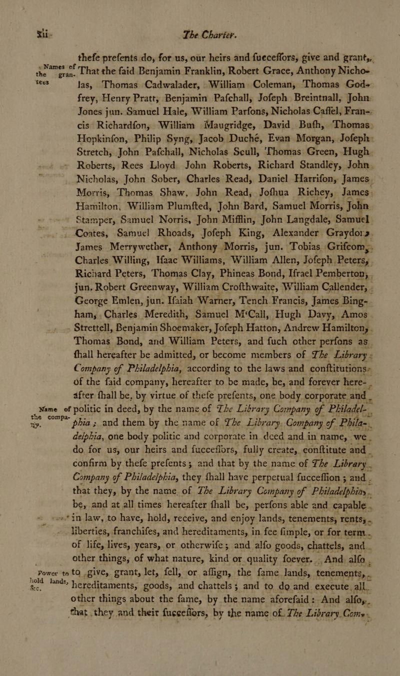 thefe prefents do, for us, our heirs and fueceffors, give and grant,, = ge ed That the faid Benjamin Franklin, Robert Grace, Anthony Nicho- beso las, Thomas Cadwalader, William. Coleman, Thomas God- frey, Henry Pratt, Benjamin Pafchall, Jofeph Breintnall, John: Jones jun. Samuel Hale, William Parfons, Nicholas Caffel, Fran-. cis Richardfon, William Maugridge, David Buth, Thomas. Hopkinfon, Philip Syng, Jacob Duché, Evan Morgan, Jofeph: Stretch, John Pafchall, Nicholas Scull, ‘Thomas Green, Hugh Roberts, Rees Lloyd. John Roberts, Richard Standley, John Nicholas, John Sober, Charles Read, Daniel Harrifon, James. Morris, Thomas Shaw, John Read, Jofhua Richey, James: Hamilton, William Plumfted, John Bard, Samuel Morris, John - - Stamper, Samuel Norris, John Mifflin, John Langdale, Samuel _ Coates, Samue! Rhoads, Jofeph King, Alexander Graydors. James Merrywether, Anthony Morris, jun. Tobias Grifcom,. Charles Willing, Ifaac Williams, William Allen, Jofeph. Peters, Richard Peters, Thomas Clay, Phineas Bond, Ifracl Pemberton, . jun. Robert Greenway, William Crofthwaite, William Callender, Z George Emlen, jun. Ifaiah Warner, Tench. Francis, James Bing-. ham, . Charles Meredith, Samuel M ‘Call, Hugh Davy, Amos. - Strettell, Benjamin Shoemaker, Jofeph Hatton, Andrew Hamilton, . Thomas Bond, and William Peters, and fuch other perfons as_ fhall hereafter be admitted, or become members of The Library « Company of Philadelphia, according to the laws and conftitutions- of the faid company, hereafter to be made, be, and forever here- | after fhall be, by virtue of thefe prefents, one body corporate. and. Name of politic i in deed, by the name of The Library Company of Philadel. ‘, — hes phia ; and them by the name of The Epon ary. Company of Phila-. delphia, one body politic and corporate in deed and 1 in name, we. do for us, our heirs and fucceflors, fully create, conttitute and _ confirm by thefe prefents; and that by the name of The Library. Company of Philadelphia, they fhall have perpetual fucceffion ; and . that they, by the name. of The Library Company of Philadelphiay be, and at all times hereafter fhall be, perfons able and capable . in law, to have, hold, receive, and enjoy lands, tenements, rentsy ~ liberties, franchifes, and hereditaments, in fee fimple, or for term... of life, lives, years, or otherwife; and alfo goods, chattels, and - other things, of what nature, kind or quality foever.. _ And. alfo . Powe: ite, give, grant, let, fell, or affign, the fame lands, ‘tenements, . re pas hereditaments, goods, — and chattels ; and to do and execute. all other things about the fame, by the name aforefaid : And alfoy.. that they and their fuceefiors, by the name of. 7; he Library. Cire,