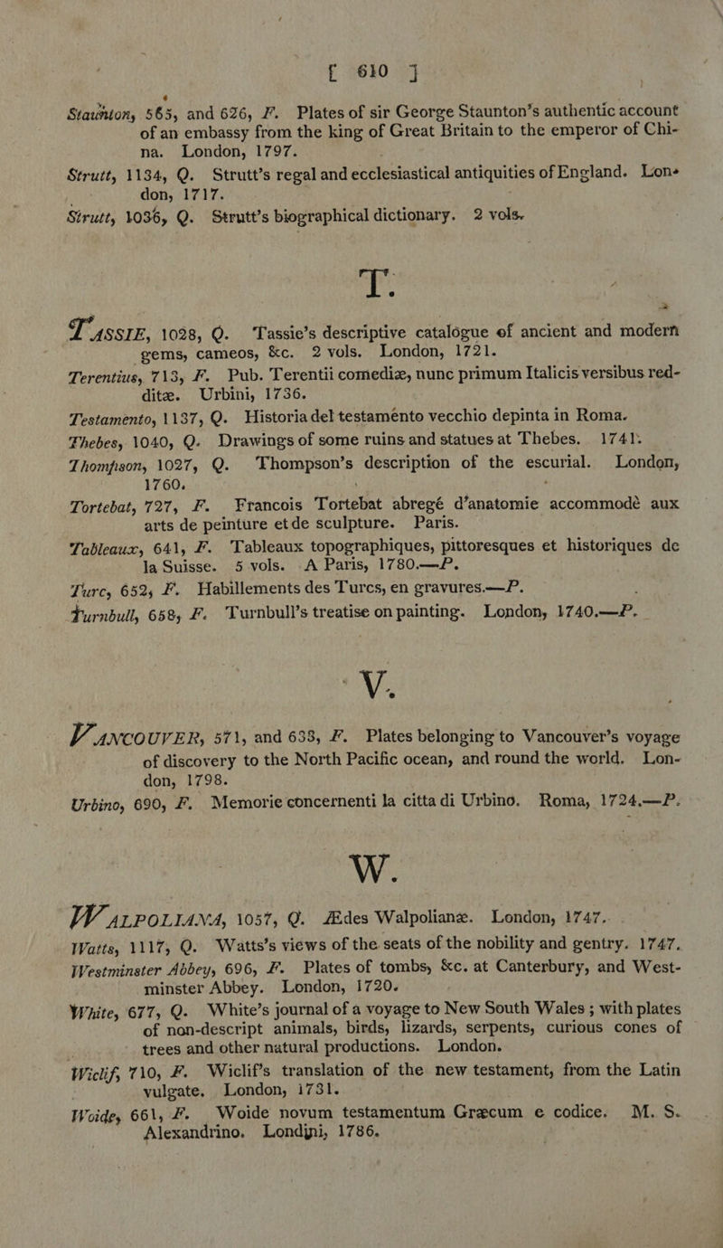 x : . y = Staunton, 565, and 626, F. Plates of sir George Staunton’s authentic account of an embassy from the king of Great Britain to the emperor of Chi- na. London, 1797. Strutt, 1134, Q. Strutt’s regal and ecclesiastical antiquities of England. Lon- don, 1717. Strutt, 1036, Q. Strutt’s biographical dictionary. 2 vols. sip ; Tsste, 1028, Q. ‘Tassie’s descriptive catalogue ef ancient and modern gems, Cameos, &c. 2 vols. London, 1721. Terentius, 713, F. Pub. Terentii comediz, nunc primum Italicis versibus red- dite. Urbini, 1736. Testamento, 1137, Q. Historiadel testamento vecchio depinta in Roma. Thebes, 1040, Q. Drawings of some ruins and statues at Thebes. 1741. Thompson, 1027, Q. ‘Fhompson’s description of the escurial. London, 1760. : : , Tortebat, 727, F. Francois Tortebat abregé d’anatomie accommodé aux arts de peinture etde sculpture. Paris. Tableaux, 641, F. Tableaux topographiques, pittoresques et historiques de la Suisse. 5 vols. A Paris, 1780.—P. Turc, 652, F. Habillements des Turcs, en eravures.—P. Turnbull, 658, #. Turnbull’s treatise on painting. London, 1740.—P. VY. V. ANCOUVER, 571, and 638, F. Plates belonging to Vancouver’s voyage of discovery to the North Pacific ocean, and round the world. Lon- don, 1798. Urbino, 690, F. Memorie concernenti la cittadi Urbino. Roma, 1724.—P. W. } i ALPOLIANA, 1057, Q. /Edes Walpoliane. London, 1747. Watts, 1117, Q. Watts’s views of the seats of the nobility and gentry. 1747, Westminster Abbey, 696, F. Plates of tombs, &e. at Canterbury, and West- minster Abbey. London, 1720. White, 677, Q. White’s journal of a voyage to New South Wales ; with plates of non-descript animals, birds, lizards, serpents, curious cones of trees and other natural productions. London. Wiclif, 710, #. Wiclif’s translation of the new testament, from the Latin | vulgate. London, i731. Woide, 661, ¥. _Woide novum testamentum Grecum e codice. M. S. Alexandrino. Londjni, 1786.