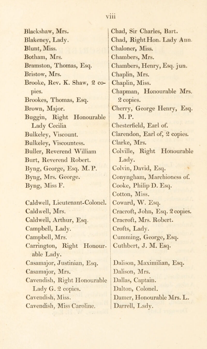 VIH Blackshaw, Mrs. Blakeney, Lady. Blunt, Miss. Botham, Mrs. Bramston, Thomas, Esq. Bristow, Mrs. Brooke, Rev. K. Shaw, 2 co¬ pies. Brookes, Thomas, Esq. Brown, Major. Buggin, Right Honourable Lady Cecilia Bulkeley, Viscount. Bulkeley, Viscountess. Buller, Reverend William Burt, Reverend Robert. Byng, George, Esq. M. P. Byng, Mrs. George. Byng, Miss F. Caldwell, Lieutenant-Colonel. Caldwell, Mrs. Caldwell, Arthur, Esq. Campbell, Lady. Campbell, Mrs. Carrington, Right Honour¬ able Lady. Casamajor, Justinian, Esq. Casamajor, Mrs. Cavendish, Right Honourable Lady G. 2 copies. Cavendish, Miss. Cavendish, Miss Caroline. Chad, Sir Charles, Bart. Chad, Right Lion. Lady Ann. Chaloner, Miss. Chambers, Mrs. Chambers, Henry, Esq. jun. Chaplin, Mrs. Chaplin, Miss. Chapman, Honourable Mrs. 2 copies. Cherry, George Henry, Esq. M. P. Chesterfield, Earl of. Clarendon, Earl of, 2 copies. Clarke, Mrs. Colville, Right Honourable Lady. Colvin, David, Esq. Conyngham, Marchioness of. Cooke, Philip D. Esq. Cotton, Miss. Coward, W. Esq. Cracroft, John, Esq. 2 copies. Cracroft, Mrs. Robert. Crofts, Lady. Gumming, George, Esq. Cuthbert, J. M. Esq. Dalison, Maximilian, Esq. Dalison, Mrs. Dallas, Captain. Dalton, Colonel. Darner, Honourable Mrs. L. Darrell, Lady.