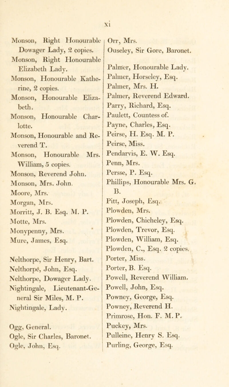 Monson, Right Honourable Dowager Lady, 2 copies. Monson, Right Honourable Elizabeth Lady. Monson, Honourable Kathe¬ rine, 2 copies. Monson, Honourable Eliza¬ beth . Monson, Honourable Char¬ lotte. Monson, Honourable and Re¬ verend T. Monson, Honourable Mrs. William, 5 copies. Monson, Reverend John. Monson, Mrs. John. Moore, Mrs. Morgan, Mrs. Morritt, J. B. Esq. M. P. Motte, Mrs. Monypenny, Mrs. Mure, James, Esq. Nelthorpe, Sir Henry, Bart. Nelthorp^, John, Esq. Nelthorpe, Dowager Lady. Nightingale, Lieutenant-Ge¬ neral Sir Miles, M. P. Nightingale, Lady. Ogg, General. Ogle, Sir Charles, Baronet. Ogle, John, Esq. Orr, Mrs. Ouseley, Sir Gore, Baronet. Palmer, Honourable Lady. Palmer, Horseley, Esq. Palmer, Mrs. H. Palmer, Reverend Edward. Parry, Richard, Esq. Paulett, Countess of. Payne, Charles, Esq. Peirse, H. Esq. M. P. Peirse, Miss. Pendarvis, E. W. Esq. Penn, Mrs. Persse, P. Esq. Phillips, Honourable Mrs. G. B. Pitt, Joseph, Esq. Plow den, Mrs. Plowden, Chicheley, Esq. Plowden, Trevor, Esq. Plowden, William, Esq. Plowden, C«, Esq. 2 copies. Porter, Miss. Porter, B. Esq. Powell, Reverend William. Powell, John, Esq. Powney, George, Esq. Powney, Reverend H. Primrose, Hon. E. M. P. Puckey, Mrs. Pulleine, Henry S. Esq. Purling, George, Esq.