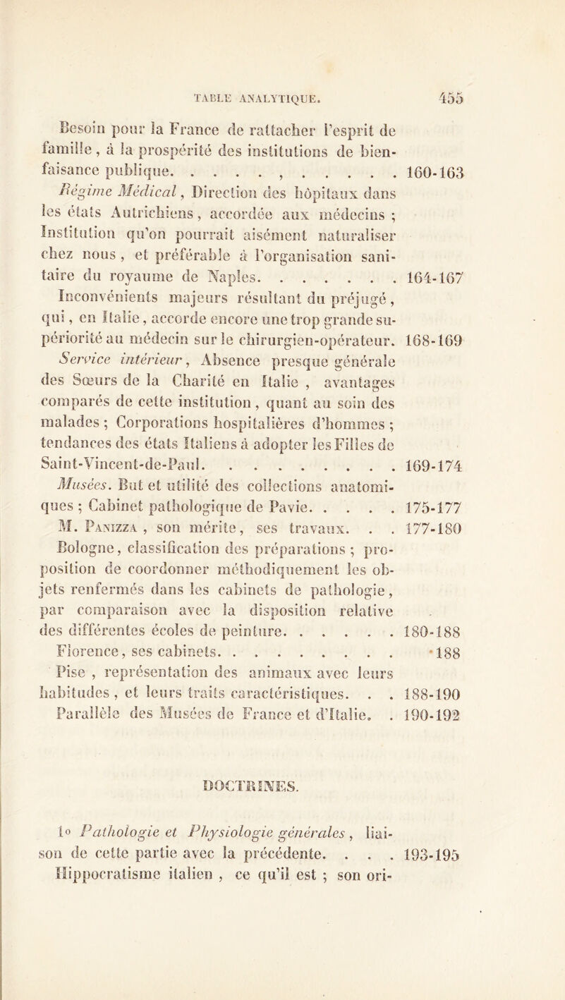 Besoin pour la France de rattacher l’esprit de famille, à la prospérité des institutions de bien- faisance publique , 160-163 Régime Médical, Direction des hôpitaux dans les états Autrichiens, accordée aux médecins ; Institution qu’on pourrait aisément naturaliser chez nous , et préférable à l’organisation sani- taire du royaume de Naples 164-167 Inconvénients majeurs résultant du préjugé , qui, en Italie, accorde encore une trop grande su- périorité au médecin sur le chirurgien-opérateur. 168-169 Service intérieur, Absence presque générale des Sœurs de la Charité en Italie , avantages comparés de cette institution , quant au soin des malades ; Corporations hospitalières d’hommes ; tendances des états Italiens à adopter les Filles de Sai n t -Vincent - de - Pau 1 169-174 Musées. But et utilité des collections anatomi- ques ; Cabinet pathologique de Pavie 175-177 M. Panizza , son mérite, ses travaux. . . 177-180 Bologne, classification des préparations ; pro- position de coordonner méthodiquement les ob- jets renfermés dans les cabinets de pathologie, par comparaison avec la disposition relative des différentes écoles de peinture 180-188 Florence, ses cabinets -188 ~ Pise , représentation des animaux avec leurs habitudes , et leurs traits caractéristiques. . . 188-190 Parallèle des Musées de France et d’Italie» . 190-192 DOCTRINES. 1° Pathologie et Physiologie générales , liai- son de cette partie avec la précédente. . . . 193-195 Hippocratisme italien , ce qu’il est ; son ori»