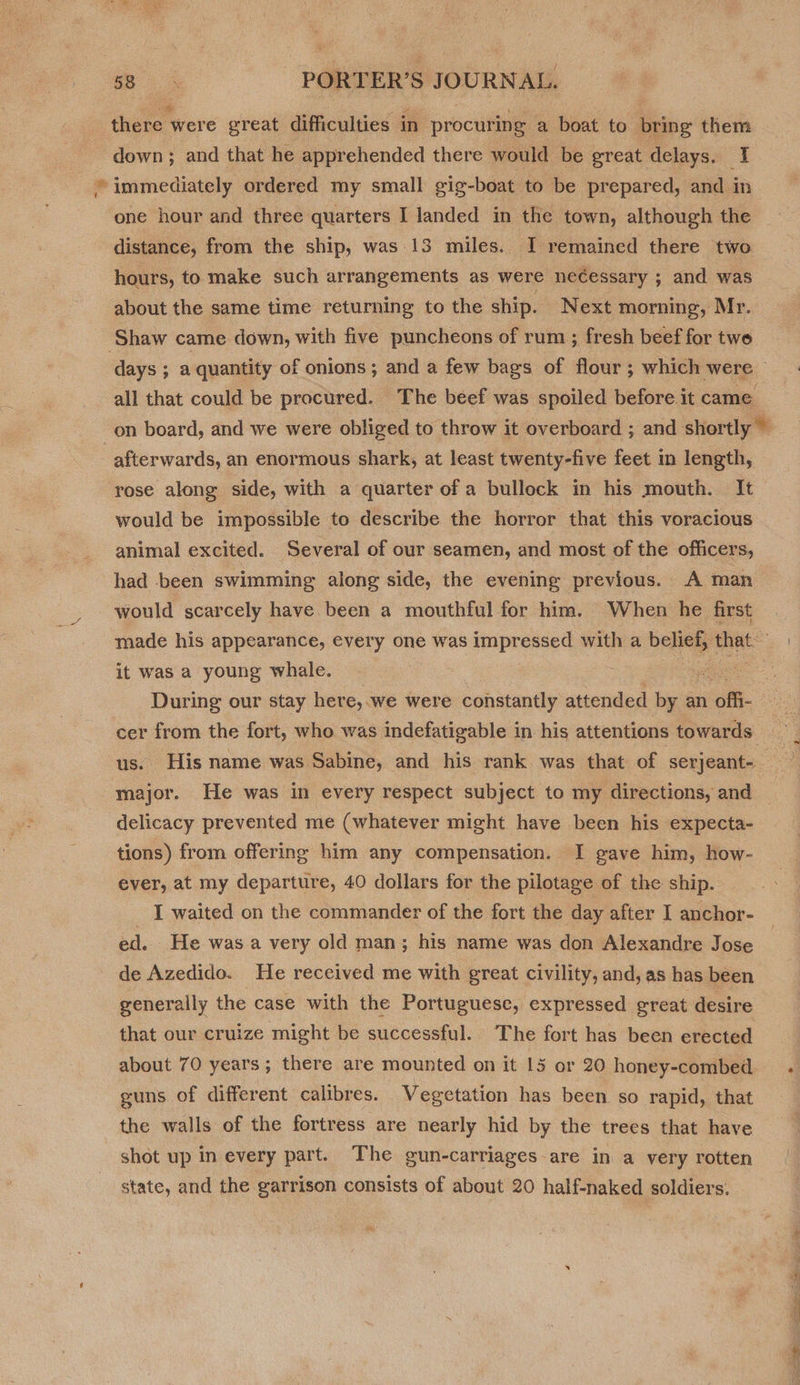 = there were great difficulties in procuring a boat to bring them down; and that he apprehended there would be great delays. I immediately ordered my small sig-boat to be prepared, and in one hour and three quarters I landed in the town, although the distance, from the ship, was 13 miles. I remained there two hours, to make such arrangements as were necessary ; and was about the same time returning to the ship. Next morning, Mr. days ; a quantity of onions; and a few bags of flour; which were - all that could be procured. The beef was spoiled before it came afterwards, an enormous shark, at least twenty-five feet in length, rose along side, with a quarter of a bullock in his mouth. It would be impossible to describe the horror that this voracious. animal excited. Several of our seamen, and most of the officers, would scarcely have been a mouthful for him. When he first made his appearance, every one was impressed with a belief; that it was a young whale. During our stay her e,.we were constantly attended by an cone. cer from the fort, who was indefatigable in his attentions towards. us. His name was Sabine, and his rank was that of serjeant- major. He was in every respect subject to my directions, and delicacy prevented me (whatever might have been his expecta- tions) from offering him any compensation. I gave him, how- ever, at my departure, 40 dollars for the pilotage of the ship. _ I waited on the commander of the fort the day after I anchor- ed. He was a very old man; his name was don Alexandre Jose de Azedido. He received me with great civility, and, as has been generally the case with the Portuguese, expressed great desire that our cruize might be successful. The fort has been erected about 70 years; there are mounted on it 15 or 20 honey-combed guns of different calibres. Vegetation has been so rapid, that the walls of the fortress are nearly hid by the trees that have shot up in every part. The gun-carriages-are in a very rotten state, and the garrison consists of about 20 half-naked soldiers. “ .