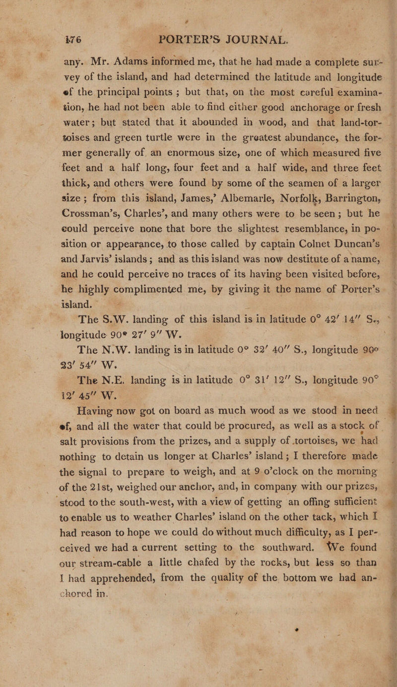 any. Mr. Adams informed me, that he had made a complete sur vey of the island, and had determined the latitude and longitude ef the principal points ; but that, on the most careful examina- toises and green turtle were in the greatest abundance, the for- mer generally of an enormous size, one of which measured five size; from this island, James,’ Albemarle, Norfolk, Barrington, sition or appearance, to those called by captain Colnet Duncan’s and he could perceive no traces of its having been visited before, he highly complimented me, by giving it the name of Porter’s island.” .*3 sina pliiai alan i bs The N.W. landing is in latitude 0° 32’ 40” S., longitude 906° 23' 54” W. : The N.E. landing is in latitude 0° 31’ 12’ S., longitude 90° 12’ 45 We . salt provisions from the prizes, and a supply of .tortoises, we had nothing to detain us longer at Charles’ island; I therefore made the signal to prepare to weigh, and at 9.0’clock on the morning of the 21st, weighed our anchor, and, in company with our prizes, to enable us to weather Charles’ island on the other tack, which f ceived we had a current setting to the southward. We found chored in.