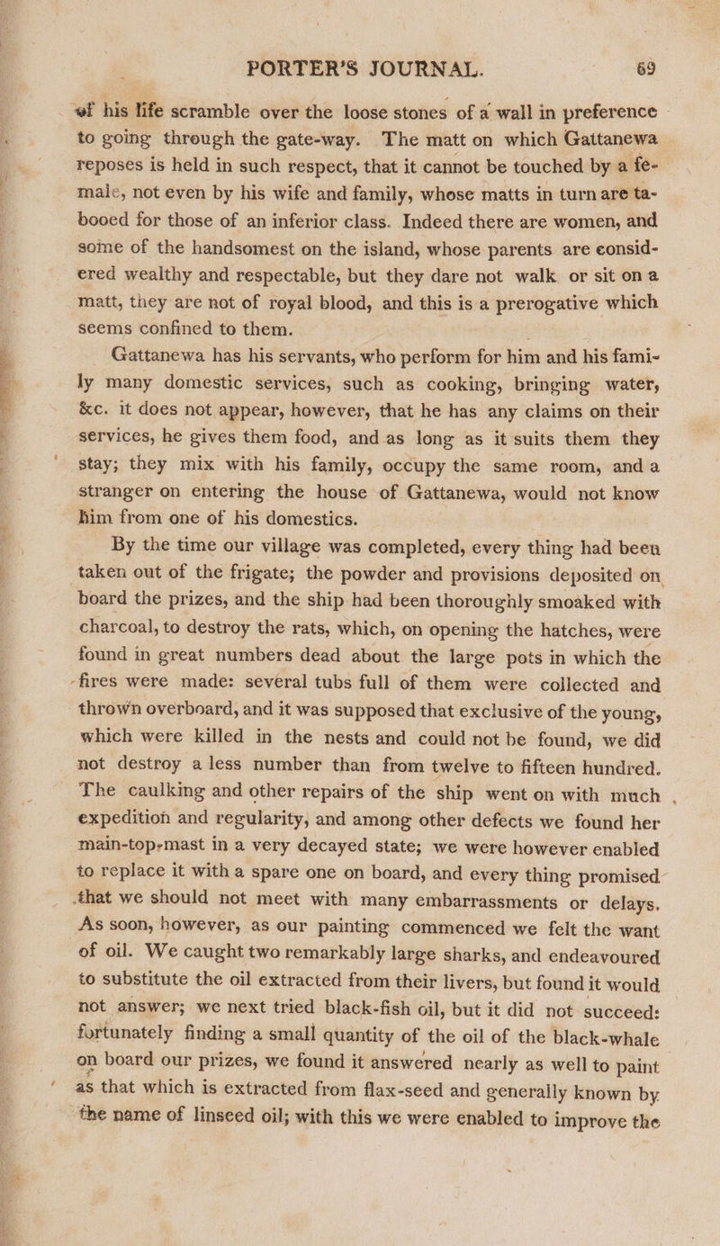  é PORTER’S JOURNAL. ge to going threugh the gate-way. The matt on which Gattanewa reposes is held in such respect, that it cannot be touched by a fe- male, not even by his wife and family, whose matts in turn are ta- booed for those of an inferior class. Indeed there are women, and some of the handsomest on the island, whose parents are eonsid- ered wealthy and respectable, but they dare not walk or sit ona matt, they are not of royal blood, and this is a prerogative which seems confined to them. | Gattanewa has his servants, who perform for him and his fami- ly many domestic services, such as cooking, bringing water, &amp;c. it does not appear, however, that he has any claims on their services, he gives them food, and as long as it suits them they stay; they mix with his family, occupy the same room, and a stranger on entering the house of Gattanewa, would not know him from one of his domestics. By the time our village was completed, every thing had been taken out of the frigate; the powder and provisions deposited on board the prizes, and the ship had been thoroughly smoaked with charcoal, to destroy the rats, which, on opening the hatches, were found in great numbers dead about the large pots in which the which were killed in the nests and could not be found, we did not destroy a less number than from twelve to fifteen hundred. The caulking and other repairs of the ship went on with much expedition and regularity, and among other defects we found her main-toprmast in a very decayed state; we were however enabled to replace it with a spare one on board, and every thing promised As soon, however, as our painting commenced we felt the want to substitute the oil extracted from their livers, but found it would not answer; we next tried black-fish oil, but it did not succeed: fortunately finding a small quantity of the oil of the black-whale on board our prizes, we found it answered nearly as well to paint as that which is extracted from flax-seed and generally known by the name of linseed oil; with this we were enabled to improve the