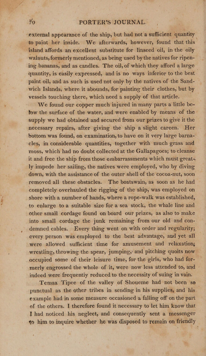 / walnuts, formerly mentioned, as being used by the natives for ripen- ing bananas, and as candles. The oil, of which they afford a large quantity, is easily expressed, and is no ways inferior to the best 3 paint oil, and as such is used not only by the natives of the Sand- wich Islands, where it abounds, for painting their clothes, but by vessels touching there, which need a supply of that article. We found our copper much injured in many parts a little be- tow the surface of the water, and were enabled by means of the supply we had obtained and secured from our prizes to give it the necessary repairs, after giving the ship a slight careen. Her bottom was found, on examination, to have on it very large barna- cles, in considerable quantities, together with much grass and moss, which had no doubt collected at the Gallapagoes; to cleanse it and free the ship from those embarrassments which must great=. ly impede her sailing, the natives were employed, who by diving down, with the assistance of the outer shell of the cocoa-nut, soon removed all these obstacles. The boatswain, as soon as he had completely overhauled the rigging of the ship, was employed on shore with a number of hands, where a rope-walk was established, to enlarge toa suitable size for a sea stock, the whale line and other small cordage found on board our prizes, as also to make into small cordage the junk remaining from our old and con- demned cables. Every thing went on with order and regularity; every person was employed to the best advantage, and yet all were allowed sufficient time for amusement and relaxation; wrestling, throwing the spear, jumping, and pitching quoits now occupied some of their leisure time, for the girls, who had for- merly engrossed the whole of it, were now less attended to, and - indeed were frequently reduced to the necessity of suing in vain. Temaa Tipee of the valley of Shoueme had not been so punctual as the other tribes in sending in his supplies, and his example had in some measure occasioned a falling off on the part ‘of the others. I therefore found it necessary to let him know that I had noticed his neglect, and consequently sent a messenger to him to inquire whether he was disposed to remain on friendly
