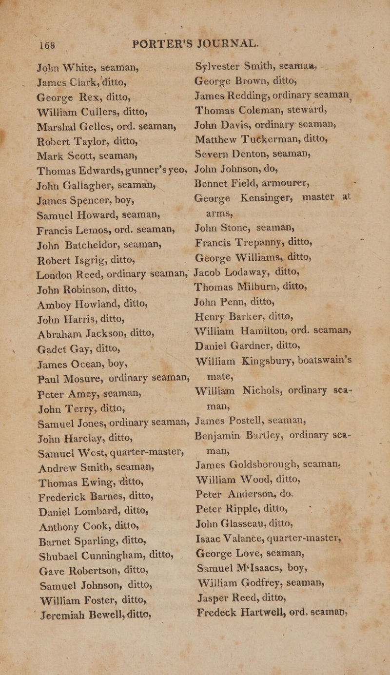 James. Clark, ditto, George Rex, ditto, William Cullers, ditto, Marshal Gelles, ord. seaman, Mark Scott, seaman, Thomas Edwards, gunnetr’s yeo, James Spencer, boy, | Samuel Howard, seaman, Francis Lemos, ord. seaman, John Batcheldor, seaman, Robert Isgrig, ditto, London Reed, ordinary seaman, John Robinson, ditto, - Abraham Jackson, ditto, Gadet Gay, ditto, Paul Mosure, ordinary seaman, Peter Amey, seaman, John Terry, ditto, Samuel Jones, ordinary seaman, John Harclay, ditto, Samuel West, quarter-master, Andrew Smith, seaman, © Thomas Ewing, ditto, Daniel Lombard, ditto, Anthony Cook, ditto, Barnet Sparling, ditto, Shubael Cunningham, ditto, _ Gave Robertson, ditto, Samuel Johnson, ditto, William Foster, ditto, George Brown, ditto, James Redding, ordinary seaman, Thomas Coleman, steward, John Davis, ordinary seaman, Matthew Tuckerman, ditto, Severn Denton, seaman, John Johnson, do, Bennet Field, armourer, George Kensinger, master at arms, John Stone, seaman, Francis Trepanny, ditto, _ George Williams, ditto, Jacob Lodaway, ditto, John Penn, ditto, Daniel Gardner, ditto, | William Spepury, boatswain’s _ mate, William Nichols, ordinary sea- man, ; ms James Postell, seaman, Benjamin. Bartley, ordinary sea- - man, : James Goldsborough, seaman, William Wood, ditto, i Peter Anderson, do. Peter Ripple, ditto, John Glasseau, ditto, Isaac Valance, quarter-master, George Love, seaman, Samuel M‘Isaacs, boy, William Godfrey, seaman, Jasper Reed, ditto, Fredeck Hartwell, ord. seaman, —