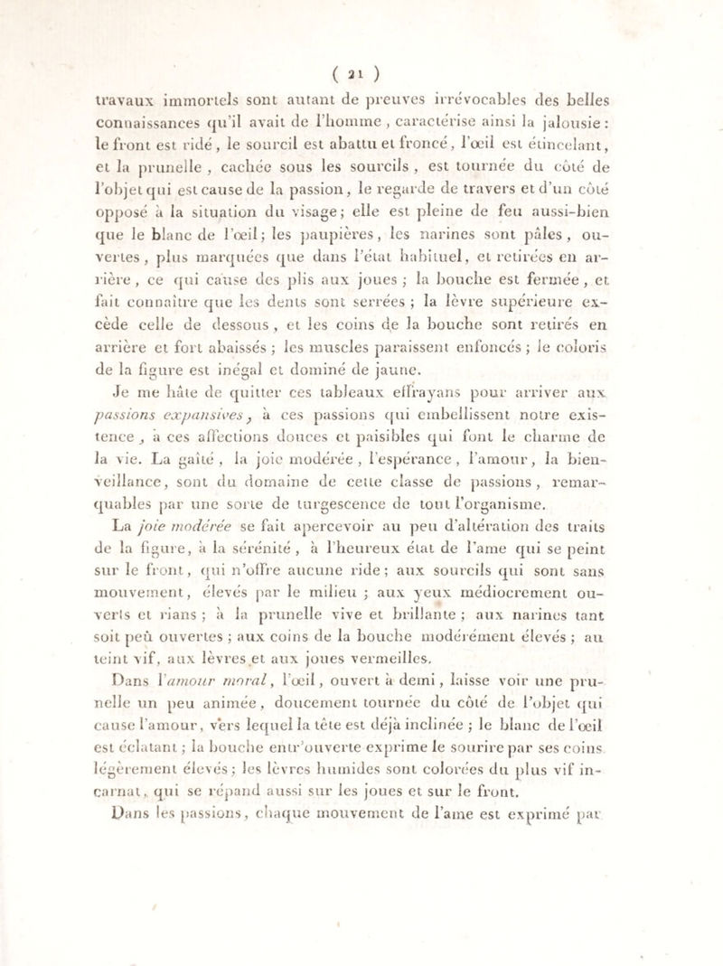 travaux immortels sont autant de preuves irrévocables des belles connaissances qu’il avait de l’homme , caractérise ainsi la jalousie : le front est ridé, le sourcil est abattu et Ironcé, l’œil est étincelant, et la prunelle , cachée sous les sourcils , est tournée du coté de l’objet qui est cause de la passion, le regarde de travers et d’un coté opposé à la situation du visage; elle est pleine de feu aussi-bien que le blanc de l’œil; les paupières, les narines sont pâles, ou¬ vertes, plus marquées que dans l'état habituel, et retirées en ar¬ rière , ce qui cause des plis aux joues ; la bouche est fermée , et fait connaître que les dents sont serrées ; la lèvre supérieure ex¬ cède celle de dessous , et les coins de la bouche sont retirés en arrière et fort abaissés ; les muscles paraissent enfoncés ; le coloris de la figure est inégal et dominé de jaune. Je me hâte de quitter ces tableaux effrayans pour arriver aux passions expansives , à ces passions qui embellissent notre exis¬ tence a ces affections douces et paisibles qui font le charme de la vie. La gaîté, la joie modérée, l’espérance, l’amour, la bien¬ veillance, sont du domaine de cette classe de passions, remar¬ quables par une sorte de turgescence de tout l’organisme. La joie modérée se fait apercevoir au peu d’altération des traits de la figure, â la sérénité, à l’heureux état de lame qui se peint sur le front, qui n’offre aucune ride; aux sourcils qui sont sans mouvement, élevés par le milieu ; aux yeux médiocrement ou¬ verts et rians ; à la prunelle vive et brillante ; aux narines tant soit peù ouvertes ; aux coins de la bouche modérément élevés ; au teint vif, aux lèvres et aux joues vermeilles. Dans Y amour moral, foeil, ouvert â demi, laisse voir une pru¬ nelle un peu animée, doucement tournée du coté de l’objet qui cause l’amour , vers lequel la tête est déjà inclinée ; le blanc de l’œil est éclatant ; la bouche entrouverte exprime le sourire par ses coins légèrement élevés ; les lèvres humides sont colorées du plus vif in¬ carnat, qui se répand aussi sur les joues et sur le front. Dans les passions, chaque mouvement de l'aine est exprimé par