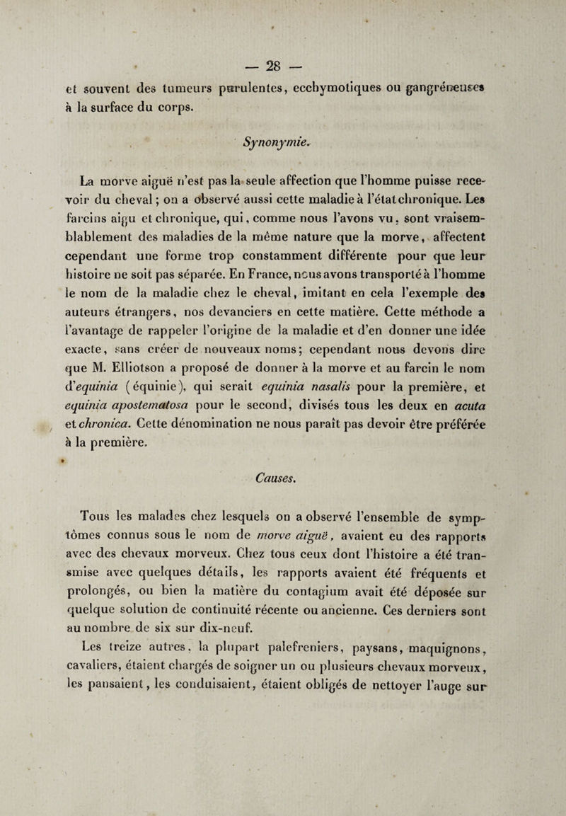 et souvent des tumeurs purulentes, ecchymotiques ou gangréneuses à la surface du corps. Synonymie. La morve aiguë n’est pas la seule affection que l’homme puisse rece¬ voir du che val ; on a observé aussi cette maladie à l’état chronique. Les fa rein s aigu et chronique, qui, comme nous l’avons vu. sont vraisem¬ blablement des maladies de la même nature que la morve, affectent cependant une forme trop constamment différente pour que leur histoire ne soit pas séparée. En France, nous avons transporté à l’homme le nom de la maladie chez le cheval, imitant en cela l’exemple des auteurs étrangers, nos devanciers en cette matière. Cette méthode a l’avantage de rappeler l’origine de la maladie et d’en donner une idée exacte, sans créer de nouveaux noms ; cependant nous devons dire que M. Elliotson a proposé de donner à la morve et au farcin le nom (ï equinia (équinie), qui serait equinia nasa/is pour la première, et equinia apostematosa pour le second, divisés tous les deux en acuta etchronica. Cette dénomination ne nous paraît pas devoir être préférée à la première. Causes. Tous les malades chez lesquels on a observé l’ensemble de symp¬ tômes connus sous le nom de morve aiguë, avaient eu des rapports avec des chevaux morveux. Chez tous ceux dont l’histoire a été tran¬ smise avec quelques détails, les rapports avaient été fréquents et prolongés, ou bien la matière du contagium avait été déposée sur quelque solution de continuité récente ou ancienne. Ces derniers sont au nombre de six sur dix-neuf. Les treize autres, la plupart palefreniers, paysans, maquignons, cavaliers, étaient chargés de soigner un ou plusieurs chevaux morveux, les pansaient, les conduisaient, étaient obligés de nettoyer l’auge sur