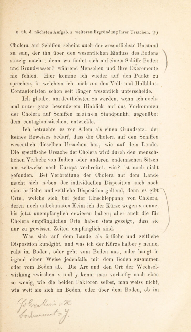 Cholera auf Schiffen scheint auch der wesentlichste Umstand zu sein, der ihn über den wesentlichen Einfluss des Bodens stutzig macht; denn wo findet sich auf einem Schiffe Boden und Grundwasser ? während Menschen und ihre Excremente nie fehlen. Hier komme ich wieder auf den Punkt zu sprechen, in welchem ich mich von den Voll- und Ilalbblut- Contagionisten schon seit länger wesentlich unterscheide. Ich glaube, am deutlichsten zu werden, wenn ich noch¬ mal unter ganz besonderem Hinblick auf das Vorkommen der Cholera auf Schiffen meinen Standpunkt, gegenüber dem contagionistischen, entwickle. Ich betrachte es vor Allem als einen Grundsatz, der keines Beweises bedarf, dass die Cholera auf den Schiffen wesentlich dieselben Ursachen hat, wie auf dem Lande. Die specifische Ursache der Cholera wird durch den mensch¬ lichen Verkehr von Indien oder anderen endemischen Sitzen aus zeitweise nach Europa verbreitet, wie? ist noch nicht gefunden. Bei Verbreitung der Cholera auf dem Lande macht sich neben der individuellen Disposition auch noch eine örtliche und zeitliche Disposition geltend, denn es gibt Orte, welche sich bei jeder Einschleppung von Cholera, deren noch unbekannten Keim ich der Kürze wegen x nenne, bis jetzt unempfänglich erwiesen haben; aber auch die für Cholera empfänglichen Orte haben stets gezeigt, dass sie nur zu gewissen Zeiten empfänglich sind. Was sich auf dem Lande als örtliche und zeitliche Disposition kundgibt, und was ich der Kürze halber y nenne, ruht im Boden, oder geht vom Boden aus, oder hängt in irgend einer Weise jedenfalls mit dem Boden zusammen oder vom Boden ab. Die Art und den Ort der Wechsel¬ wirkung zwischen x und y kennt man vorläufig noch eben so wenig, wie die beiden Faktoren selbst, man weiss nicht, wie weit sie sich im Boden, oder über dem Boden, ob im