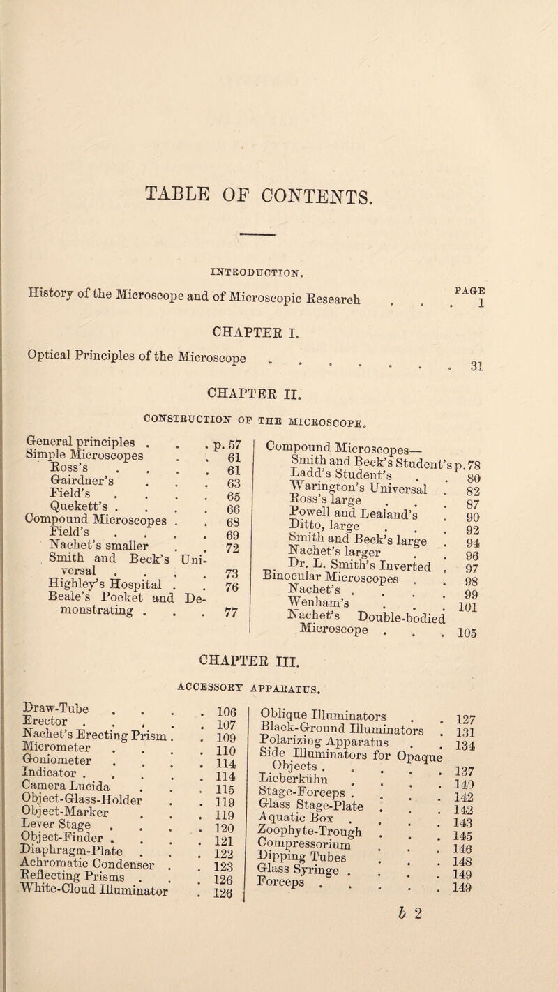 TABLE OF CONTENTS. INTRODUCTION. History of the Microscope and of Microscopic Research PAGE 1 CHAPTER I. Optical Principles of the Microscope CHAPTER II. CONSTRUCTION OF THE MICROSCOPE. General principles . Simple Microscopes Ross’s Gairdner’s Field’s Quekett’s . Compound Microscopes Field’s Hachet’s smaller Smith and Beck’s versal Highley’s Hospital Beale’s Pocket and monstrating . Uni De- ». 57 61 61 63 65 66 68 69 72 73 76 77 Compound Microscopes— Smith and Beck’s Student’s p. 78 Ladd’s Student’s . M arington’s Universal Ross’s large Powell and Lealand’s Ditto, large Smith and Beck’s larae Nachet’s larger g Dr. L. Smith’s Inverted Binocular Microscopes Nachet’s . Wenham’s Nachet’s Double-bodied Microscope . 80 82 87 90 92 94 96 97 98 99 101 105 CHAPTER III. ACCESSORY APPARATUS. Draw-Tube Erector . Nachet’s Erecting Prism Micrometer Goniometer Indicator . Camera Lucida Object-Glass-Holder Object-Marker Lever Stage Object-Finder . Diaphragm-Plate . Achromatic Condenser Reflecting Prisms White-Cloud Illuminator 106 107 109 110 114 114 115 119 119 120 121 122 123 126 126 Oblique Illuminators Black-Ground Illuminators ! Polarizing Apparatus Side Illuminators for Opaque Objects . Lieberkiihn , Stage-Forceps . Glass Stage-Plate Aquatic Box . Zoophyte-Trough Compressorium Dipping Tubes Glass Syringe . Forceps . 127 131 134 137 149 142 142 143 145 146 148 149 149 b 2