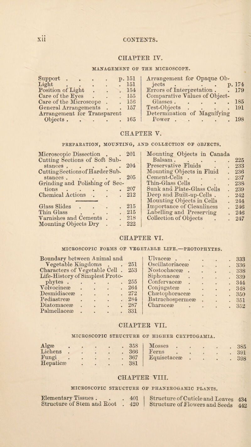 CHAPTER IV. management of the microscope. Support . . . . p. 151 Light.151 Position of Light . . . 154 Care of the Eyes . . .155 Care of the Microscope . . 156 General Arrangements . . 157 Arrangement for Transparent Objects.165 Arrangement for Opaque Ob' jects p. 174 Errors of Interpretation . . 179 Comparative Values of Object- Glasses .185 Test-Objects .... 191 Determination of Magnifying Power.198 CHAPTER V. PREPARATION, MOUNTING, AND COLLECTION OF OBJECTS. Microscopic Dissection . . 201 Cutting Sections of Soft Sub¬ stances .204 Cutting Sections of Harder Sub- stances.205 Grinding and Polishing of Sec- tions .... • 207 Chemical Actions • 212 Glass Slides • 215 Thin Glass # 215 Varnishes and Cements . 218 Mounting Objects Dry . . 222 Mounting Objects in Canada Balsam.225 Preservative Fluids . . 233 Mounting Objects in Pluid . 236 Cement-Cells .... 237 Thin-Glass Cells . . . 23S Sunk and Plate-Glass Cells . 239 Deep and Built-up-Cells . . 242 Mounting Objects in Cells . 244 Importance of Cleanliness . 246 Labelling and Preserving . 246 Collection of Objects . . 247 CHAPTER VI. MICROSCOPIC FORMS OF VEGETABLE LIFE.—PEOTOPHYTFS. Boundary between A nimal and Vegetable Kingdoms . . 251 Characters of Vegetable Cell . 253 Life-History of Simplest Proto- phytes.255 Volvocineae .... 264 Desmidiaceae .... 272 Pediastreae .... 284 Diatomacese .... 287 Palmellaceae .... 331 Ulvaceae .... . 333 Oscillatoriaceae . 336 Noatochaceae . . 338 Siphonaceae . 339 Confervaceae . 344 Conjugateae . 348 Chaetophoraceae . 350 Batrachospermeae . . 351 Characeae . 352 CHAPTER VII. MICROSCOPIC STRUCTURE OF HIGHER CRYPTOGAMIA. Algae . 358 Mosses Lichens . . 366 Eerns Eungi . 367 Equisetaceae Hepaticae . 381 CHAPTER VIII. 385 391 398 MICROSCOPIC STRUCTURE OF PHANEROGAMIC PLANTS. Structure of Cuticle and Leaves 434 Structure of Flowers and Seeds 442 Elementary Tissues . . . 401 Structure of Stem and Root . 420