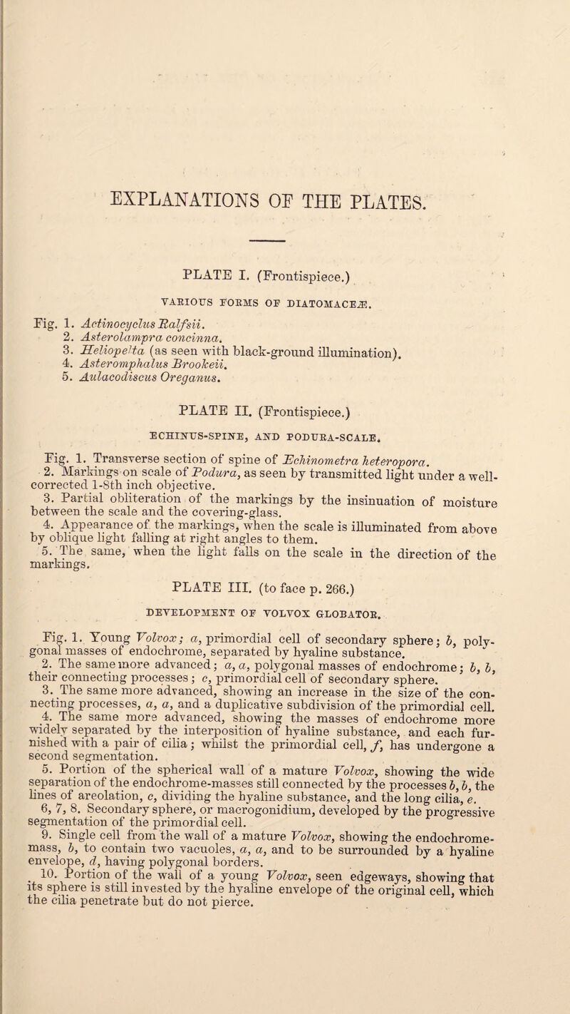 EXPLANATIONS OE THE PLATES. PLATE I. (Frontispiece.) VARIOUS FORMS OP DIATOMACEiE. Fig. 1. Actinocyclus Balfsii. 2. Asterolampra concinna. 3. HeliopeHa (as seen with black-ground illumination). 4. Asteromphalus Frookeii. 5. Aulacodiseus Oreganus. PLATE II. (Frontispiece.) ECHINUS-SPINE, AND PODURA-SCALE. Fig. 1. Transverse section of spine of Fchinometra heteropora. 2. Markings on scale of Fodura, as seen by transmitted light under a well- corrected l-8th inch objective. 3. Partial obliteration of the markings by the insinuation of moisture between the scale and the covering-glass. 4. Appearance of the markings, when the scale is illuminated from above by oblique light falling at right angles to them. 5. The same, when the light falls on the scale in the direction of the markings. PLATE III. (to face p. 266.) DEVELOPMENT OF VOLVOX GLOBATOR. Fig. 1. Young Volvoxi a, primordial cell of secondary sphere; b, poly¬ gonal masses of endochrome, separated by hyaline substance. 2. The same more advanced; a, a, polygonal masses of endochrome; b, b, their connecting processes; c, primordial cell of secondary sphere. 3. The same more advanced, showing an increase in the size of the con¬ necting processes, a, a, and a duplicative subdivision of the primordial cell. 4. The same more advanced, showing the masses of endochrome more widely separated by the interposition of hyaline substance, and each fur¬ nished with a pair of cilia; whilst the primordial cell, f, has undergone a second segmentation. 5. Portion of the spherical wall of a mature Volvox, showing the wide separation of the endochrome-masses still connected by the processes b, b, the Hues of areolation, c, dividing the hyaline substance, and the long cilia, e. 6. 7, 8. Secondary sphere, or macrogonidium, developed by the progressive segmentation of the primordial cell. 9. Single cell from the wall of a mature Volvox, showing the endochrome- mass, b, to contain two vacuoles, a, a, and to be surrounded by a hyaline envelope, d, having polygonal borders. 10. Portion of the wall of a young Volvox, seen edgeways, showing that its sphere is still invested by the hyaline envelope of the original cell, which the cilia penetrate but do not pierce.
