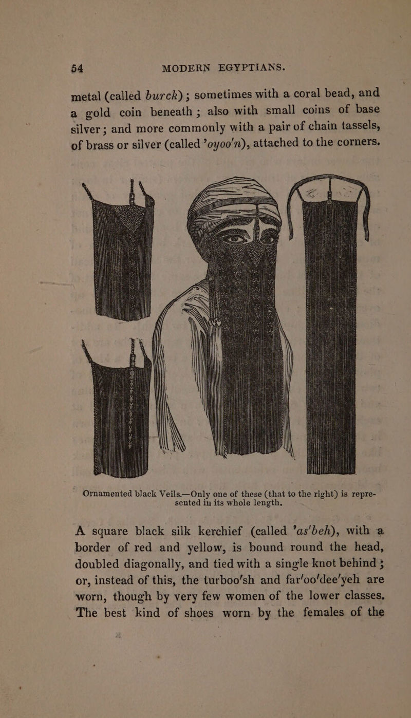 metal (called burck); sometimes with a coral bead, and a gold coin beneath ; also with small coins of base silver ; and more commonly with a pair of chain tassels, of brass or silver (called ’oyoo'n), attached to the corners. Ornamented black Veils—Only one of these (that to the right) is repre- sented in its whole length. A square black silk kerchief (called ’as’beh), with a border of red and yellow, is bound round the head, doubled diagonally, and tied with a single knot behind 3 or, instead of this, the turboo’sh and far’oo/dee’yeh are worn, though by very few women of the lower classes, The best kind of shoes worn by the females of the