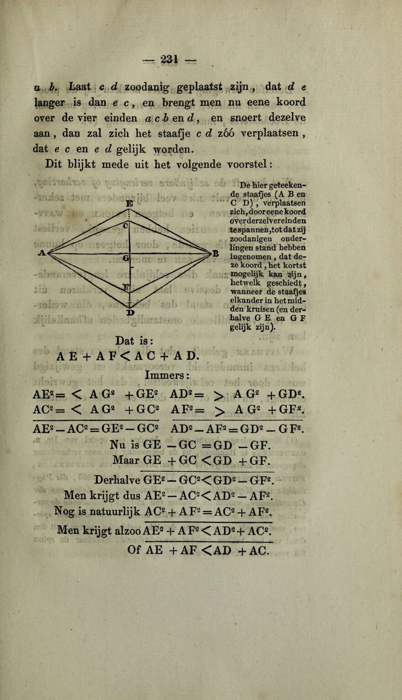 o b. Laat c d zoodanig geplaatst zijn , dat d & langer is dan e c, en brengt men nu eene koord over de vier einden a c b end , en snoert dezelve C aan, dan zal zich het staafje c d zóó verplaatsen , dat e c en e d gelijk worden. Dit blijkt mede uit het volgende voorstel: , De hier geteeken- de staaijes (A B en E ‘'CD), verplaatsen zich, door eene koord overderzelvereinden te spannen,tot dat zij zoodanigen ouder¬ lingen stand hebben ingenomen, dat de¬ ze koord, het kortst mogelijk kan ?ijn, hetwelk geschiedt, wanneer de staafjes elkander in het mid¬ den kruisen (en der¬ halve GE en G F gelijk zijn). Dat is: AE + AF<AC + AD. Immers: AE2 = < AG2 + GE2 AD2= > AG2 + GD2. AC2= < AG2 +GC2 AF2 = > AG2 +GF2. AE2 — AC2 = GE2 — GC2 AD2-AF2 = GD2 - GF2. Nu is GE -GC =GD -GF. Maar GE +GC<GD + GF. Derhalve GE2 - GC2< GD2 - GF2. Men krijgt dus AE2 — AC2< AD2 — AF2. Nog is natuurlijk AC2 + AF2 = AC2 + AF2. Men krijgt alzooAE2 + AF2< AD2+ AC2. Of AE + AF <AD + AC.