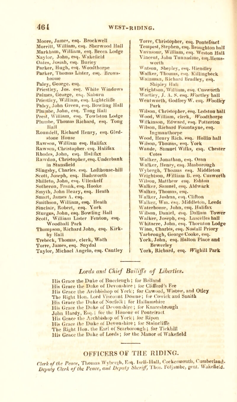 Moore, James, esq. Brockwell Morritt, William, esq. Sherwood Hall Markham, William, esq. Becca Lodge Naylor, John, esq. Wakefield Oates, Josiah, esq. Burley Parker, Hugh, esq. Woodthorpe Parker, Thomas Lister, esq. Brows- holme Paley, George, esq. Priestley, Jos. esq. White Windows Palmes, George, esq. Nahum Priestley, William, esq. LightclilFe Paley, John Green, esq. Bowling Hall Plumbe, John, esq. Tong Hall Prest, William, esq. Towlston Lodge Plumbe, Thomas Richard, esq. Tong Hall Roundell, Richard Henry, esq. Gled- stone House Rawson, William esq. Halifax Rawsou, Christopher, esq. Halifax Rhodes, John, esq. Halifax Rawdon, Christopher,esq. Underbank in Stausfield Slingsby, Charles, esq. Lofthouse-hill Scott, Joseph, esq. Badsworth Jshilleto, John, esq. Ulleskelf Sotheron, Frank, esq. Hooke Smyth, John Henry, esq. Heath Smart, James A. esq. Smithson, William, esq. Heath Sinclair, Robert, esq. York Sturges, John, esq. Bowling Hall Scott, William Lister Fenton, esq. Woodhall Park Thompson, Richard John, esq. Kirk- by Hall Trebeck, Thomas, clerk, Wath Torre, James, esq. Snydal Taylor, Michael Angelo, esq. Cautley Torre, Christopher, esq. Pontefract Tempest, Stephen, esq. Broughton hall Vavasour, William, esq. Weston Hall Vincent, John Tunnadine, esq.Hems- worlh Watson, Shepley, esq. Hiendley Walker, Thomas, esq. Killingbeck Wainman, Richard Bradley, esq. Shipley Halt Wrightson, William, esq. Cnsworth Wort ley, J. A. S. esq. Wortley hall Wentworth, Godfrey W. esq. Woolley Park Wilson, Christopher, esq. Ledston hall Wood, William, clerk, Woodthorpe Wilkinson, Edward, esq. Potterton Wilson, Richard Fountayne, esq. Ingmanthorpe Wood, Henry Rich, esq, Hollin hall Wilson, Thomas, esq. York Waude, Samuel Wilks, esq. Chester Cotes Walker, Jonathan, esq. Oran Walker, Henry, esq. Masborougb Wybergh, Thomas esq. Middleton Wrightson, William B. esq. Cusworth Wilson, Matthew esq. Eshton Walker, Samuel, esq. Aldwark Walker, Thomas, esq. Walker, Joshua, esq. Clifton Walker, ffm. esq. Middleton, Leeds Waterhouse, John, esq. Halifax Wilson, Daniel, esq. Dallam Tower Walker, Joseph, esq. Lascelles hall Whitacre, John, esq. Thornton Lodge Winn, Charles, esq. Nostall Priory Yarbrough, George Cooke, esq. York, John, esq. Halton Place and Bewerley York, Richard, esq. Wighill Park Lords and Chief Bailiffs of Liberties. His Grace the Duke of Buccleugh ; for Bolland His Grace the Duke of Devonshire ; for Clifford’s Fee His Grace the Archbishop of York ; for Cawood, Wistow, and Otley The Right Hon. Lord Viscount Downe; for Cowick and Snaith His Gruce the Duke of Norfolk ; for Hallamshire His Grace the Duke of Devonshire ; for Knaresbrough John Hardy, Esq.; for the Honour of Pontefract His Grace the Archbishop of York; for Ripon His Grace the Duke of Devonshire; for StainclilTe The Right Hon. the Earl of Scarborough ; for Tickhill His Grace the Duke of Leeds; for the Manor of Wakefield OFFICERS OF THE RIDING. Clerk of the Pence, Thomas Wybergh, Esq. Isell-Hull, Cockermonth, Cumberland. Deputy Clerk of the Peace, and Deputy Sheriff', Thus. Fdljambe, gent. Wakefield.