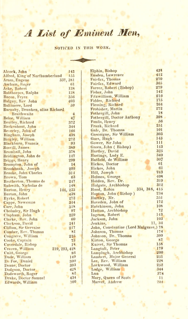 A Ijist of Eminent Men, NOTICED IN THIS WORK. Alcock, John 143 Alfred, King of Northumberland 155 Aram, Eugene 337, 381 Ascham, Roger 61 Aslie, Robert 138 Babthorpes, Ralphs 138 Bacon, Fryer 356 Balguy, Rev John 403 Baltimore, Lord 59 Barnaby, Drunken, alias Richard Braithwaite 4 Beloe, William 47 Bentley, Richard 372 Berkenhont, John 344 Beverley, John of 166 Bingham, Joseph 438 Bingley, William 272 Blackburn, Francis 93 Bosvill, James 389 Bramhall, John 378 Bridlington, John de 147 Briggs, Henry 299 Brompton, John of 14 Brookbank, Joseph 299 Brooke, John Charles 314 Brown, Tom 63 Brotherton, Thomas de 247 Bubwith, Nicholas de 148 Burton, Henry 144, 233 Burton, John 438 Byrks, Robert 272 Cappe, Newcome 344 Carr, John 318 Cholmley, Sir Hugh 97 Clapham, John 229 Clarke, Rev. John 60 Clarkson, David 241 Clifton, Sir Gervaise 217 Comber, Rev. Thomas 81 Congreve, William 225 Cooke, Captain 73 Coverdale, Bishop 18 Craven, William 219, 293 ,428 Cuitt, George 86 Dade, William 149 De Foe, Daniel 300 Deane, Doctor 393 Dodgson, Doctor 428 Dodsworth, Roger 82 Drake, Doctor Samne! 434 Edwards, William 300 Elphin, Bishop 438 Eusden, Lawrence 41 2 Fairfax, Thomas 270 Fairfax, Edward 30.5 Farrer, Robert (Bishop) 279 Fisher, John 142 Fitzwilliam, William 210 Fiddes, Richard 175 Fleming, Richard 264 Frobisher, Martin 272 Fothergill, John 18 Fothergill, Doctor Anthony 398 Foulis, Henry 56 Frauk, Richard 251 Gale, Dr. Thomas 101 Gascoigne, Sir William 303 Goes, Hugh 143 Gower, Sir John 111 Green, John ( Bishop) 143 Hartley, David 325 Hastings, Lady E. 340 Hatfield, de William 307 Hickes, Doctor 61 Hickes, John 61 Hill, Joseph 243 Holme6, George 408 Holden, Rev. Dr. 319 Holgate, Archbishop 312 Hood, Robin 334, 388, 415 Hopton, John ( Bishop ) 234 Hurtley, Mr. 351 Hoveden, John of 172 Hutchinson, John 108 Hutton, Archbishop 72 Ingram, Robert 143 Jackson, John 103 Jenkins, 11, 34 John, Constantine (Lord Mulgrave,) 78 Johnson, Thomas 174 Johnson, Dr. Thomas 399 Kirton, George 87 Knivet, Sir Thomas 158 Langtoft, Peter 179 Lamplugh, Archbishop 200 Lambert, Major General 251 Lee, Rev. William 228 Lockwood, William 252 Lodge, William 344 Lun 378 Mary, Queen of Scots 11 Marvel, Andrew 204