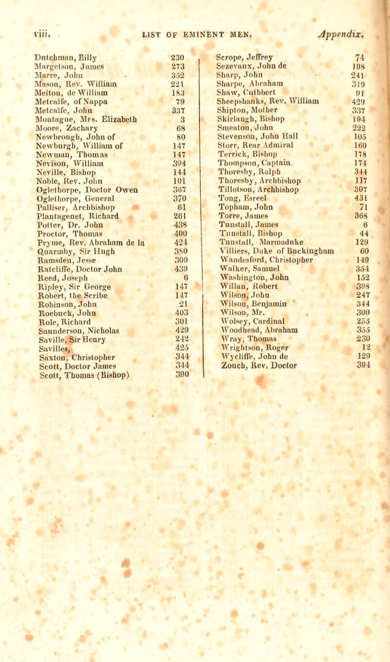 Dutchman, Billy 230 Margetson, James 273 Marre, John 352 Mason, Rev. William 221 Mellon, de William 183 Metcalfe, ofNappa 79 Metcalfe, John 337 Montague, Mrs. Elizabeth Moore, Zachary 3 68 Newbrough, John of 80 Newburgh, William of 147 Newman, Thomas 147 Nevison, William 394 Neville, Bishop 144 Noble, Rev. John 101 Oglethorpe, Doctor Owen 367 Oglethorpe, General 370 Palliser, Archbishop 61 Plantagenet, Richard 261 Potter, Dr. John 438 Proctor, Thomas 400 Pryme, Rev. Abraham de la 424 Quarmby, Sir Hugh 3S0 Ramsden, Jesse 300 Ratcliffe, Doctor John 439 Reed, Joseph 6 Ripley, Sir George 147 Robert, the Scribe 147 Robinson, John 21 Roebuck, John 403 Role, Richard 301 Saunderson, Nicholas 429 Saville, Sir Henry 242 Savilles, 425 Saxton, Christopher 344 Scott, Doctor James 344 Scott, Thomas (Bishop) 390 Scrope, Jeffrey 74 Sezevaux, John de 198 Sharp, John 241 Sharpe, Abraham 319 Shaw, Cuthbert 91 Sheepshanks, Rev. William 429 Shipton, Mother 337 Skirlaugh, Bishop 194 Smeaton, John 222 Stevenson, John Hall 105 Storr, Rear Admiral 160 Terrick, Bishop 178 Thompson/Captain Thoresby, Ralph 174 344 Thoresby, Archbishop 117 Tillotson, Archbishop 307 Tong, Esreel 431 Topham, John 71 Torre, James 368 Tunstall, James 6 Tunstall, Bishop 44 Tunstall, Marmadnke 129 Villiers, Duke of Buckingham 60 Wandesford, Christopher 149 Walker, Samuel Washington, John 354 152 Willan, Robert 398 Wilson, John 247 Wilson, Benjamin 344 Wilson, Mr. 300 Wolsey, Cardinal 255 Woodhead, Abraham 355 Wray, Thomas Wrightson, Roger 230 12 Wycliffe, John de 129 Zouch, Rev. Doctor 394