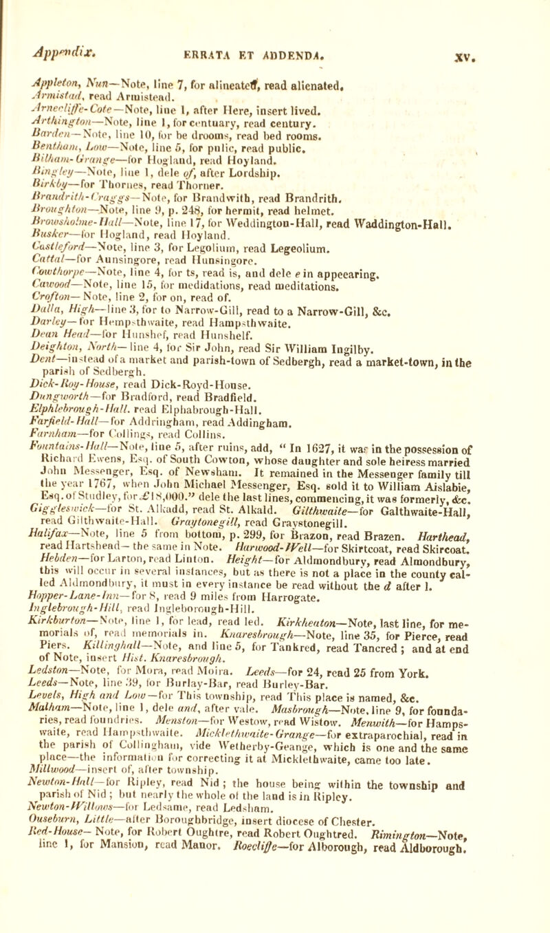 XV. Appleton, Nun—Note, line 7, for alineatelJ, read alienated, Armistad, read Ariuistead. Arnenliffe- Cote—Note, line 1, after Here, insert lived. Arthmgton—Note, line l,forccntuary, read century. Barden—Note, line 10, lor be drooms, read bed rooms. Bentham, Low—Note, line 5, for pulic, read public. Rilham- Grange—lor Hog'land, read Hoyland. Bing ley—Note, line 1, dele of, after Lordship. Birkby—for Thornes, read Thorner. Brandrith-t'raggs— Note, for Brandwith, read Brandrith. Broughton—Note, line .9, p. 248, for hermit, read helmet. Browsholme- Hall—Note, line 17, for Weddington-Hall, read Waddington-Hall. BusAci—for Hogland, read Hoyland. Castleford—Note, line 3, for Legoliuin, read Legeolium. Cattal—for Aunsingore, read Hunsingore. (owthorpe—Note, line 4, for ts, read is, and dele e in appeearing. Cawood—Note, line 15, for medidations, read meditations. Crofton— Note, line 2, for on, read of. Bulla, High—line 3, for to Narrow-Gill, read to a Narrow-Gill, &c. Darky— for Hempsthwaite, read Hampsth waite. Dean Head—for Hunshef, read Hunshelf. Deighton, North— line 4, for Sir John, read Sir William Ingilby. Dent instead of a market and parish-town of Sedbergh, read a market-town, in the parish of Sedbergh. Dick-Boy-House, read Dick-Royd-House. Dnngworth—for Bradford, read Bradfield. Elphlebrough-Hall, read Elphabrough-Hall. Farfield-Hall—for Addringham, read Addinghara. Farnham—for Col lings, read Collins. Fountains-Hall Note, line 5, after ruins, add, “ In 1627, it war in the possession of Richard Ewens, Esq. of South Cowton, whose daughter and sole heiress married John Messenger, Esq. of Newshatu. It remained in the Messenger family till the year 1767, when John Michael Messenger, Esq. sold it to William Aislabie, Esq.ol Studley, for^l8,000.v dele the last lines, commencing,it was formerly, <fcc. Giggleswick—for St. AI laid d, read St. Alkald. Gilthwaite— for Galthwaite-Hall, read Gilthwaite-Hall. Graytonegill, read Graystonegill. Halifax—Note, line 5 from bottom, p. 299, for Brazon, read Brazen. Harthead, read Hartshead— the same in Note. Harwood- fFell—for Skirtcoat, read Skircoat. Hehden for Larton, read Linton. Height—for Aldmondbury, read Almondbury, this will occur in several instances, but as there is not a place in the county cal¬ led Aldmondbury, it must in every instance be read without the d after 1. Hopper-Lane-Inn— for 8, read 9 miles from Harrogate. lnglebrough-Hill, read Ingleborough-Hill. Kirkburton— Note, line 1, for lead, read led. Kirkheaton— Note, last line, for me¬ morials of, read memorials in. Knaresbrough—Note, line 35, for Pierce, read Piers. Killing hall—Hole, and line 5, for Tankred, read Tancred ; and at end of Note, insert Hist. Knaresbrough. Ledston— Note, for Mora, read Moira. Leeds—(or 24, read 25 from York. Leeds— Note, line 39, for Burlay-Bar, read Burley-Bar. Levels, High and Low for l his township, read This place is named, &c. Malham Note, line 1, dele and, after vale. Masbrough—Note, line 9, for (bonda¬ ges, read foundries. Menston—for Westow, read Wistow. Menwith—for Hamps- waite, read Hampsthwaite. Micklethivaite-Grange—for extraparochial, read in the parish of Collinghaui, vide Wetherby-Geange, which is one and the same place—the information for correcting it at Micklethwaite, came too late. Millwood—insert of, after township. Newton-Hall— for Ripley, read Nid ; the house being within the township and parish of Nid ; but nearly the whole ot the land is in Ripley. Newton-IFilhnos—for Ledsame, read Ledsham. Ouseburn, Little—alter Boroughbridge, insert diocese of Chester. Bed-House- Note, for Robert Oughtre, read Robert Oughtred. Riming ton—Note, line 1, for Mansion, read Manor. Boediffc—for Alborough, read Aldborough.