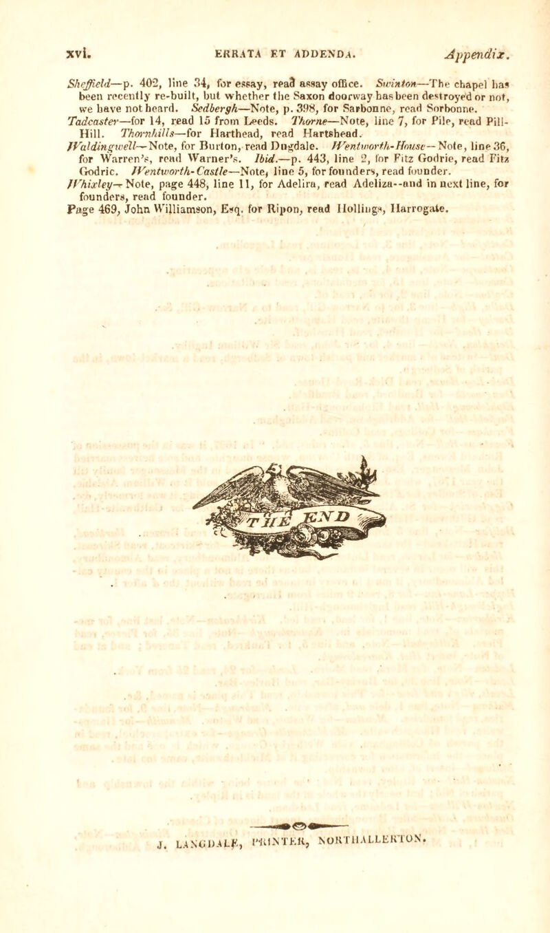 Sheffield—p. 402, line 34, for essay, rea3 assay office. Swinton—The chapel has been recently re-built, but whether the Saxon doorway has been destroyed or not, we have not beard. Sedbergh—Note, p. 398, for Sarbonne, read Sorbonne. Tadcaster—for 14, read 15 from Leeds. Thorne—Note, line 7, for Pile, read Pill- Hill. Thornhills—for Harthead, read Hartshead. JTaldinywell— Note, for Burton, read Dugdale. IVentworth-House — Note, line 36, for Warren’s, read Warner’s. Ibid.—p. 443, line 2, lor Fitz Godrie, read Fitz Godric. JVentworth-Castle—Note, line 5, for founders, read founder. JVhixley-r Note, page 448, line 11, for Adelira, read Adeliza--and in next line, for founders, read founder. Page 469, John Williamson, Esq. for Ripon, read Ilollings, Harrogate. J. LA NO DALE, PRINTER, NORTHALLERTON.