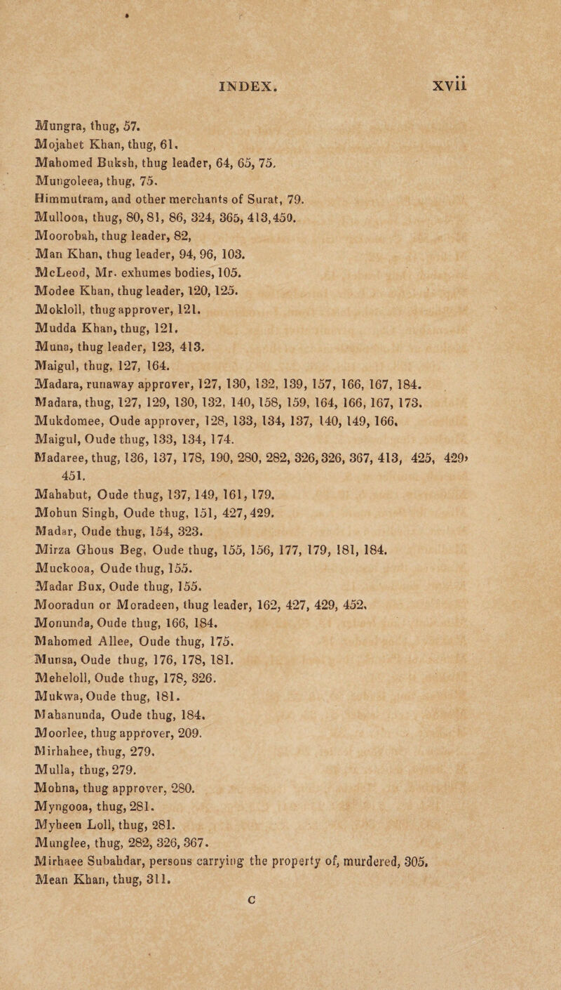 Mungra, thug, 57. Mojabet Khan, thug, 61. Mahomed Buksh, thug leader, 64, 65,75, Mutigoleea, thug, 75. Himmutram, and other merchants of Surat, 79. Mullooa, thug, 80,81, 86, 324, 365, 413,450. Moorobah, thug leader, 82, Man Khan, thug leader, 94, 96, 103. McLeod, Mr. exhumes bodies, 105. Modee Khan, thug leader, 120, 125. Mokloll, thug approver, 121. Mudda Khan, thug, 121. Muna, thug leader, 123, 413. Maigul, thug, 127, 164. Madara, runaway approver, 127, 130, 132, 139, 157, 166, 167, 184. Madara, thug, 127, 129, 130, 132, 140,158, 159, 164, 166, 167, 173. Mukdomee, Oude approver, 128, 133, 134, 137, 140, 149, 166, Maigul, Oude thug, 133, 134, 174. Madaree, thug, 136, 137, 178, 190, 280, 282, 326,326, 367, 413, 425, 429> 451. Mahabut, Oude thug, 137, 149, 161, 179. Mohun Singh, Oude thug, 151, 427,429. Madar, Oude thug, 154, 323. Mirza Ghous Beg, Oude thug, 155, 156, 177, 179, 181, 184. Muckooa, Oude thug, 155. Madar Bux, Oude thug, 155. Mooradun or Moradeen, thug leader, 162, 427, 429, 452, Monunda, Oude thug, 166, 184. Mahomed Allee, Oude thug, 175. Munsa, Oude thug, 176, 178, 181. Meheloll, Oude thug, 178, 326. Mukwa, Oude thug, 181. Mahanunda, Oude thug, 184. Moorlee, thug approver, 209. Mirhahee, thug, 279. Mulla, thug, 279. Mohna, thug approver, 280. Myngooa, thug, 281. Myheen Loll, thug, 281. Munglee, thug, 282, 326, 367. Mirhaee Subahdar, persons carrying the property of, murdered, 305. Mean Khan, thug, 311. c