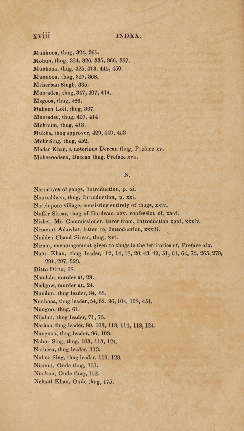 Mabkooa, thug, 324, 365. Mohun, thug, 324, 326, 335, 366, 367. Muhbooa, thug, 325,413, 445, 450. Munnooa, thug, 327, 368. Meherban Singh, 335. Mooradea, thug, 347, 407, 414. Magooa, thug, 366. Maheen Loll, thug, 367. Mooradee, thug, 407, 414. Mokhum, thug, 413. Mukba, thug approver, 429,449, 453. Mohr Sing, thug, 452. Madar Khan, a notorious Deccan thug, Preface xv. Moheeoodeen, Deccan thug, Preface xvii. N. Narratives of gangs, Introduction, p. xi. Nooroddeen, thug, Introduction, p. xxi. Nareinpore village, consisting entirely of thugs, xxiv. Nuffer Sircar, tbug of Burdwan,xxv. confession of, xxvi, Nisbet, Mr. Commissioner, letter from, Introduction xxxi. xxxiv. Nizamut Adawiut, letter to, Introduction, xxxiii. Nuddea Chand Sircar, thug, xvi. Nizam, encouragement given to thugs in the territories of, Preface xix. Noor Kban, thug leader, 12, 14, 18, 20, 43, 49, 51, 61, 64, 75, 265,279, 291,297, 323. Ditto Ditto, 18. Nandair, murder at, 23. Nadgow, murder at, 24. Nundun, thug leader, 34, 38. Nunhooa, thug leader,54, 63. 96, 104, 108, 451. Nungoo, thug, 61. Nijabut, thug leader, 71, 75. Nathoo, thug leader, 89, 103, 113, 114, 118, 124. Nungooa, thug leader, 96, 103. Nahur Sing, thug, 103, 113, 124, Natheea, thug leader, 113. Nuhur Sing, thug leader, 119. 123. Niamut, Oude thug, 151. Nunkoo, Oude thug, 152. Nehaul Khan, Oude thug, 175.