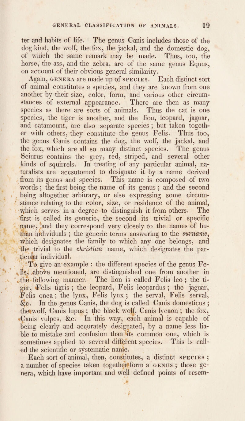 ter and habits of life. The genus Canis includes those of the dog kind, the wolf, the fox, the jackal, and the domestic dog, of which the same remark may be made. Thus, too, the horse, the ass, and the zebra, are of the same genus Equus, on account of their obvious general similarity. Again, genera are made up of species. Each distinct sort of animal constitutes a species, and they are known from one another by their size, color, form, and various other circum¬ stances of external appearance. There are then as many species as there are sorts of animals. Thus the cat is one species, the tiger is another, and the lion, leopard, jaguar, and catamount, are also separate species ; but taken togeth¬ er with others, they constitute the genus Felis. Thus too, the genus Canis contains the dog, the wolf, the jackal, and the fox, which are all so , many distinct species. The genus Sciurus contains the grey, red, striped, and several other kinds of squirrels. In treating of any particular animal, na¬ turalists are accsutomed to designate it by a name derived ^ from its genus and species. This name is composed of two words ; the first being the name of its genus ; and the second , being altogether arbitrary, or else expressing some circum- • stance relating to the color, size, or residence of the animal, :-\Yhich serves in a degree to distinguish it from others. The ‘first is called its generic, the second its trivial or specific '.;name, !and they correspond very closely to the names of hu¬ man individuals ; the generic terms answering to the surname^ which designates the family to which any one belongs, and the trivial to the Christian name, which designates the par- ticui^ individual. . ‘ .To, give an example : the different species of the genus Fe- ^lisj .-above mentioned, are distinguished one from another in \vthe following manner. The lion is called Felis leo; the ti¬ ger, Felis tigris ; the leopard, Felis leopardus ; the jaguar, ■Felis onca; the lynx, Felis lynx; the serval, Felis serval, 5lc* In the genus Canis, the dog is called Canis domesticus ; the^wolf, Canis lupus ; the black wojf, Canis lycaon ; the fox^ »Canis vulpes, &c. In this way, each animal is capable of being clearly and accurately designated, by a name less lia¬ ble to mistake and confusion than %s common one, which is sometimes applied to several different species. This is call¬ ed the scientific or systematic nanae. Each sort of animal, then, constitutes, a distinct species ; a number of species taken togethei^form a genus ; those ge¬ nera, which have important and well defined points of resem-