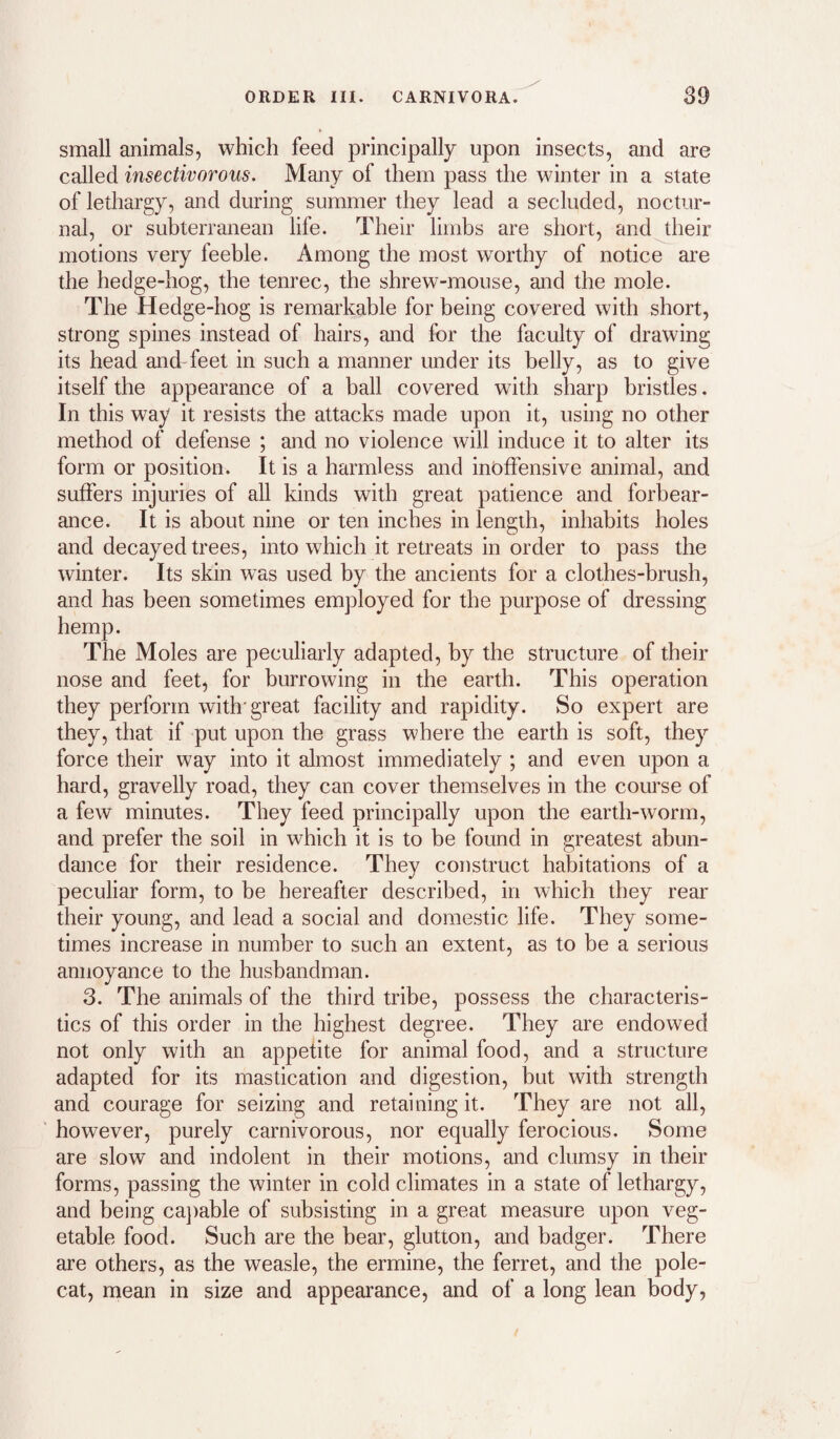 small animals, which feed principally upon insects, and are called insectivorous. Many of them pass the winter in a state of lethargy, and during summer they lead a secluded, noctur¬ nal, or suhterranean life. Their limhs are short, and their motions very feehle. Among the most w'orthy of notice are the hedge-hog, the tenrec, the shrew-mouse, and the mole. The Hedge-hog is remarkable for being covered with short, strong spines instead of hairs, and for the faculty of drawing its head and feet in such a manner under its belly, as to give itself the appearance of a ball covered with sharp bristles. In this way it resists the attacks made upon it, using no other method of defense ; and no violence will induce it to alter its form or position. It is a harmless and inbfFensive animal, and suffers injuries of all kinds with great patience and forbear¬ ance. It is about nine or ten inches in length, inhabits holes and decayed trees, into which it retreats in order to pass the winter. Its skin was used by the ancients for a clothes-brush, and has been sometimes employed for the purpose of dressing hemp. The Moles are peculiarly adapted, by the structure of their nose and feet, for burrowing in the earth. This operation they perform with'great facility and rapidity. So expert are they, that if put upon the grass where the earth is soft, they force their way into it almost immediately ; and even upon a hard, gravelly road, they can cover themselves in the course of a few minutes. They feed principally upon the earth-worm, and prefer the soil in which it is to be found in greatest abun¬ dance for their residence. They construct habitations of a peculiar form, to be hereafter described, in which they rear their young, and lead a social and domestic life. They some¬ times increase in number to such an extent, as to be a serious annoyance to the husbandman. 3. The animals of the third tribe, possess the characteris¬ tics of this order in the highest degree. They are endowed not only with an appetite for animal food, and a structure adapted for its mastication and digestion, but with strength and courage for seizing and retaining it. They are not all, however, purely carnivorous, nor equally ferocious. Some are slow and indolent in their motions, and clumsy in their forms, passing the winter in cold climates in a state of lethargy, and being ca})able of subsisting in a great measure upon veg¬ etable food. Such are the bear, glutton, and badger. There are others, as the weasle, the ermine, the ferret, and the pole¬ cat, mean in size and appearance, and of a long lean body,