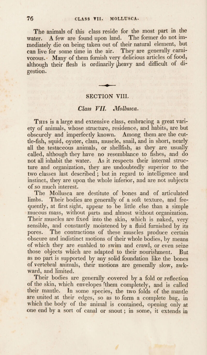 The animals of this class reside for the most part in the water. A few are found upon land. The former do not im¬ mediately die on being taken out of their natural element, but can live for some time in the air. They are generally carni¬ vorous.* Many of them furnish very delicious articles of food, although their flesh is ordinarily ^heavy and difficult of di¬ gestion. SECTION VIIL Class VIL Mollusca. This is a large and extensive class, embracing a great vari¬ ety of animals, whose structure, residence, and habits, are but obscurely and imperfectly known. Among them are the cut¬ tle-fish, squid, oyster, clam, muscle, snail, and in short, nearly all the testaceous animals, or shellfish, as they are usually called, although they have no resemblance to fishes, and do not all inhabit the water. As it respects their internal struc¬ ture and organization, they are undoubtedly superior to the two classes last described; but in regard to intelligence and instinct, they are upon the whole inferior, and are not subjects of so much interest. The Mollusca are destitute of hones and of articulated limbs. Their bodies are generally of a soft texture, and fre¬ quently, at first sight, appear to be little else than a simple mucous mass, without parts and almost witliout organization. Their muscles are fixed into the skin, which is naked, very sensible, and constantly moistened by a fluid furnished by its pores. The contractions of these muscles produce certain obscure and indistinct motions of their whole bodies, by means of which they are enabled to swim and crawl, or even seize those objects which are adapted to their nourishment. But as no part is supported by any solid foundation like the bones of vertebral animals, their motions are generally slow, awk¬ ward, and limited. Their bodies are generally ^covered by a fold or reflection of the skin, which envelopes fthem completely, and is called their mantle. In some species, the two folds of the mantle are united at their edges, so as to form a complete bag, in which the body of the animal is contained, opening only at one end by a sort of canal or snout; in some, it extends in