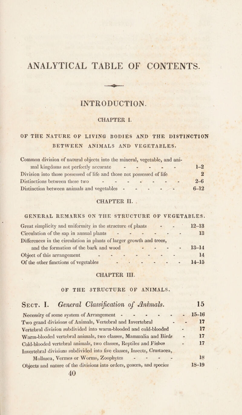 ANALYTICAL TABLE OF CONTENTS. INTRODUCTION. CHAPTER 1. OF THE NATURE OF LIVING BODIES AND THE DISTINCTION BETWEEN ANIMALS AND VEGETABLES. Common division of natural objects into the mineral, vegetable, and ani¬ mal kingdoms not perfectly accurate - - - _ . 1-2 Division into those possessed of life and those not possessed of life 2 Distinctions between these two 2-6 Distinction between animals and vegetables - - « . - 6-12 CHAPTER II. GENERAL REMARKS ON THE STRUCTURE OF VEGETABLES. Great simplicity and uniformity in the structure of plants - - 12-13 Circulation of the sap in annual plants. 13 Differences in the circulation in plants of larger growth and trees, and the formation of the bark and wood .... 13-14 Object of this arrangement 14 Of the other functions of vegetables 14r-15 CHAPTER III. OF THE STRUCTURE OF ANIMALS. Sect. I. General Classification of Animals. 15 Necessity of some system of Arrangement.15-16 Two grand divisions of Animals, Vertebral and Invertebral « - 17 Vertebral division subdivided into warm-blooded and cold-blooded - 17 Warm-blooded vertebral animals, two classes. Mammalia and Birds - 17 Cold-blooded vertebral animals, two classes. Reptiles and Fishes - 17 Invertebral divisions subdivided into five classes, Insects, Crustacea, Mollusca, Vermes or Worms, Zoophytes - - - - 18 Objects and nature of the divisions into orders, genera, and species 18-lff 40