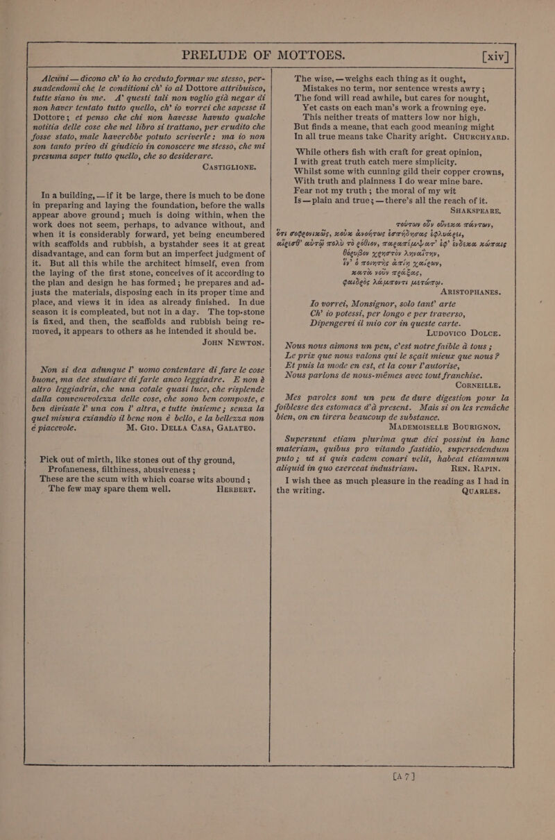 Alcuni — dicono ch’ to ho creduto formar me stesso, per- suadendomi che le conditionz ch’ to al Dottore attribuzsco, tutte siano in me. A’ questi tali non voglio gid negar di non haver tentato tutto quello, ch’ to vorrei che sapesse tl Dottore; et penso che cht non havesse havuto quaiche notitia delle cose che nel libro si trattano, per erudito che fosse stato, male haverebbe potuto scriverle: ma io non son tanto privo di giudicio in conoscere me stesso, che mz presuma saper tutto quello, che so desiderare. ‘ CASTIGLIONE. In a building, —if it be large, there is much to be done in preparing and laying the foundation, before the walls appear above ground; much is doing within, when the work does not seem, perhaps, to advance without, and when it is considerably forward, yet being encumbered with scaffolds and rubbish, a bystahder sees it at great disadvantage, and can form but an imperfect judgment of it. But all this while the architect himself, even from the laying of the first stone, conceives of it according to the plan and design he has formed; he prepares and ad- justs the materials, disposing each in its proper time and place, and views it in idea as already finished. In due season it is compleated, but not inaday. The top-stone is fixed, and then, the scaffolds and rubbish being re- moved, it appears to others as he intended it should be. JoHN NEWTON. Non si dea adunque l’ uomo contentare di fare le cose buone, ma dee studiare di farle anco leggiadre. E non é alivo leggiadria, che una cotale quasi luce, che risplende dalla convenevolexza delle cose, che sono ben composte, € ben divisate ? una con LV altra, e tutte insteme; senza la quel misura exiandio tl bene non é bello, e la bellexxa non é€ piacevole. M. Gio. DELLA CasA, GALATEO. Pick out of mirth, like stones out of thy ground, Profaneness, filthiness, abusiveness ; These are the scum with which coarse wits abound ; The few may spare them well. HERBERT. av The wise, — weighs each thing as it ought, Mistakes no term, nor sentence wrests awry ; The fond will read awhile, but cares for nought, Yet casts on each man’s work a frowning eye. This neither treats of matters low nor high, But finds a meane, that each good meaning might In all true means take Charity aright. CuurcHyarp. While others fish with craft for great opinion, I with great truth catch mere simplicity. Whilst some with cunning gild their copper crowns, With truth and plainness I do wear mine bare. Fear not my truth; the moral of my wit Is — plain and true; —there’s all the reach of it. SHAKSPEARE, TOUTHY ObY OUYExae TeYTOY, OT Togeovinds, xolx kvonrus torndnous EpAveEtl, niger’ adra rorv rd edliov, racuriuLaur ig’ tvdexa xowrass GeeuBov xenoriy Anvairny, by’ 6 roinris arin yalewy, wore youY TekLus, Gusders Akumoves METHOTH. ARISTOPHANES. Io vorret, Monsignor, solo tant’ arte Ch’ 10 potesst, per longo e per traverso, Dipengervi tl mio cor in queste carte. Lupovico Dotce. Nous nous aimons un peu, c’est notre faible a tous ; Le prix que nous valons qui le scait mieux que nous ? Et puis la mode en est, et la cour V autorise, Nous parlons de nous-mémes avec tout franchise. CORNEILLE. Mes paroles sont un peu de dure digestion pour la foiblesse des estomacs d’a present. Mais si on les remache bien, on en tirera beaucoup de substance. MADEMOISELLE BOURIGNON. Supersunt etiam plurima que dict possint in hance materiam, quibus pro vitando fastidio, supersedendum puto; ut st quis eadem conari velit, habeat etiamnum aliquid in quo exerceat industriam. REN. RAPIN. I wish thee as much pleasure in the reading as I had in the writing. QUARLES. [A 7]