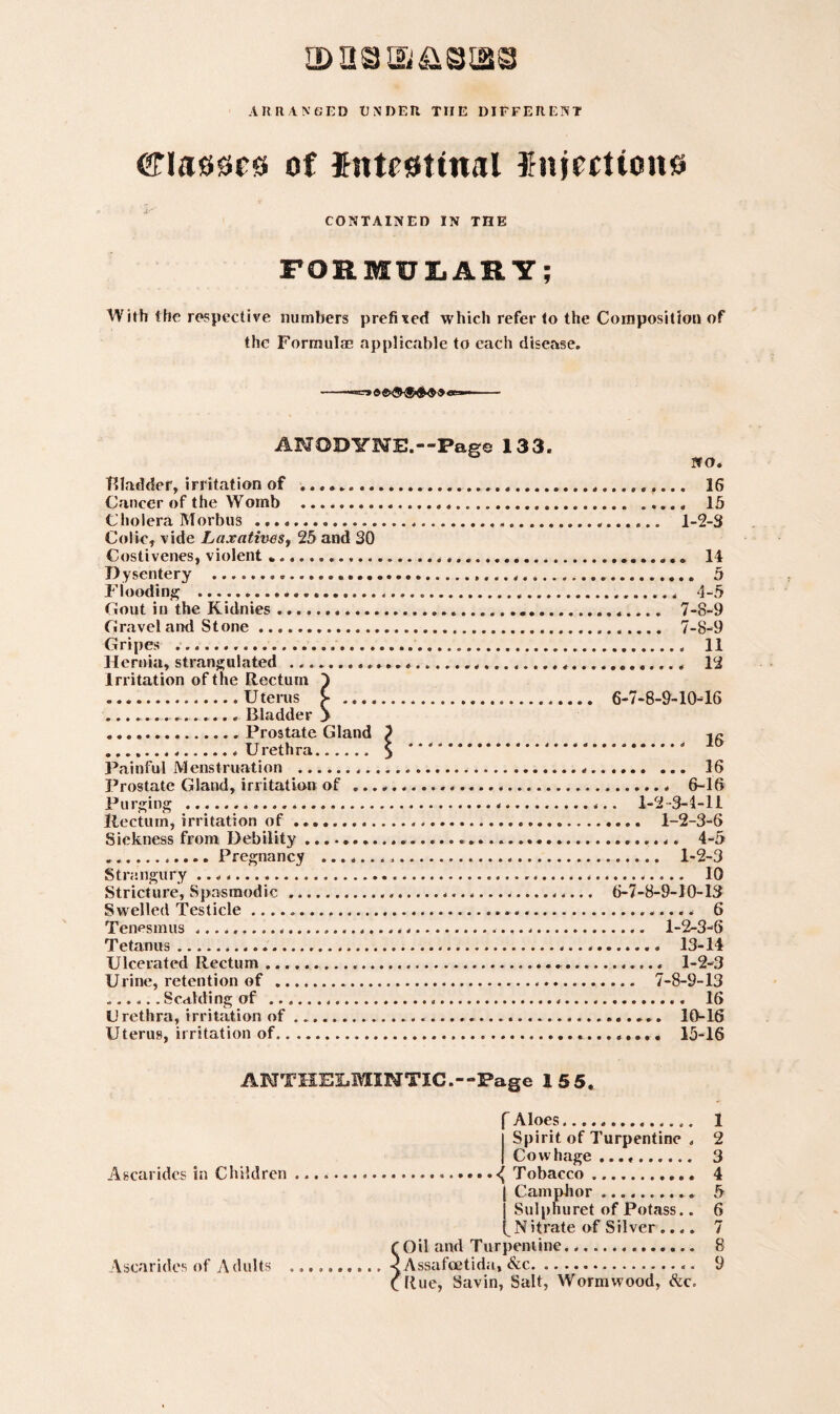 ARRANGED UNDER THE DIFFERENT eriaaacsi of Intestinal Injections CONTAINED IN THE FORMULARY; With the respective numbers prefixed which refer to the Composition of the Formulae applicable to each disease. ■=r» ANODYNE.—Page 133 bladder, irritation of ..... Cancer of the Womb .. Cholera Morbus .... Colic, vide Laxatives, 25 and 30 Costivenes, violent *..... Dysentery ..... Flooding ..... Gout in the Kidnies.. Gravel and Stone. Gripes ........ Hernia, strangulated ... Irritation of the Rectum 4 ... Uterus >■ ... ...... Bladder > .. Prostate Gland } ...Urethra. $ .. Painful Menstruation ..... Prostate Gland, irritation of ...... Purging . Rectum, irritation of.... Sickness from Debility..... .Pregnancy .... Strangury .. Stricture, Spasmodic..... Swelled Testicle ...... Tenesmus...... Tetanus..... Ulcerated Rectum... Urine, retention of ... ...... Scalding of .... Urethra, irritation of... Uterus, irritation of. NO. . 16 . 15 1-2-3 . 14 .. 5 , 4-5 7-8-9 7-8-9 . 11 . 12 6-7-8-9-10-16 ........ 16 . 16 . 6-16 . 1-2-3-4-11 ... 1-2-3-6 .. 4-5 . 1-2-3 . 10 6-7-8-9-10-13 .. 6 _ 1-2-3-6 . 13-14 . 1-2-3 ... 7-8-9-13 .. 16 ..... 10-16 ..... 15-16 ANTHELMINTIC.--Page 1 5 5. Ascaridcs in Children Yscarides of Adults ” Aloes.. Spirit of Turpentine , Cowhage .. Tobacco. Camphor.... . . Sulphuret of Potass.. N itrate of Silver .... Oil and Turpentine... Assafcetida, &c... Rue, Savin, Salt, Wormwood, &c. 1 2 3 4 5 6 7 8 9