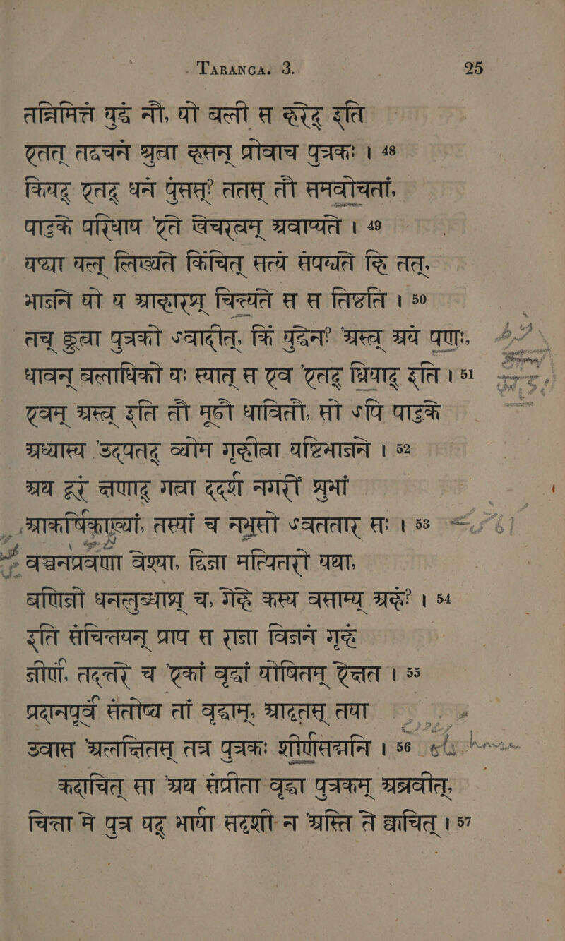 तत्निमित्त 95 नौ, यो बली मस arg इति TI तदचन श्रुचा दसन् प्रोवाच पुत्रकः । 4 किव Terz धन घुपतमत ततत् तौ समवोचतां, पाटके पराप TA वेचरचम् श्रवाप्यते । ^ | at यत् लिष्यते किचित् सत्ये संपव्ते दि तत्. मानने घो च arten चि्यते स त तिष्टति । 50 | तच् ह्वा पचरको «वादीत्, किं da श्रस्च् श्रध पणाः, ^~“ ` धावन् बत्ताधिको घः स्यात् स टव Teig TANTE इति । ee, ट्वम् ma इति तौ मूष्ठौ धावितौ, सो जपि पाठके ` ` ` श्र्यास्य उद्यत व्योम le घष्टिमानने । प्रय द्र णाद् गवा द्द नगरीं शुभां er STREET, तस्वां च नमतो ०वततार् सः । = ==. ¡ | - वच्चनप्रवणा वेष्या, दिना Stegen था, बणिनो धनलुव्धाघ्र् च, I कस्य वपाम्य् RE रति सचितवन् प्राप स राना विनन गृ तीण, तद्र च nt वृद्धां योषितम् टे्तत । 55 प्रदानपूर्ं तेतोष्व तां Stel, ग्रादृतस् तया =. , . उवात श्रत्तत्तितत् त्र पुचकः शीणतन्रनि । ® 6८. ^^“ कदाचित् सा श्रध संप्रीता वृद्धा पुच्रकम् Se, चिता मे पुत्र यदू भावा सदृशी न श्रस्ति ते कचित् । °