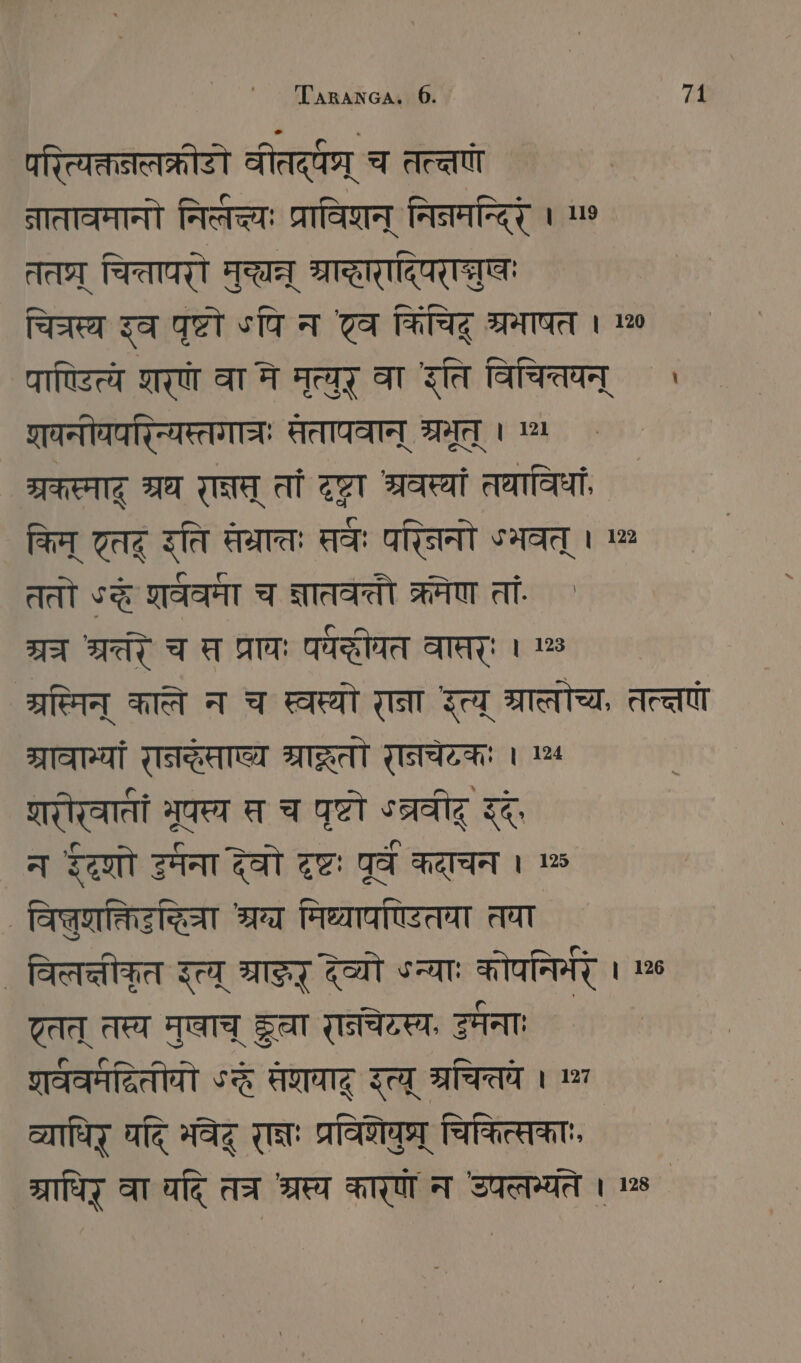 परित्यक्तनलक्रीडो वीतदू््र् च तत्ते नातावमानो निर्लीच्यः प्राविशन् नितमन्दिरि । ५ ततप्र् चितापरो मुच्छन् श्राररादिपरासरुषः चिरस्य इव पृष्टो ऽपि न टव किंचिद भाषत । पाण्टित्ये शरणे वा मे मृत्युर् वा `इति विचितयन् ' शएवनीयपरिियस्तगा्ः सतापवान् STIER । ८ श्रकस्माद् श्रथ TINTEN तां दृष्ट्रा श्रवस्यां तथाविधां किम् एतद इति सेम्रातः सवः परिनिनो ५मवत् । ८ ततो SE शर्ववर्मा च ज्ञातवतौ क्रमेण तां 7a श्रत्ते च स प्रायः पयद्ीषत वासरः । 123 श्रस्मिन् काले न च स्वस्थो राना इत्य् MIETE, तत्ततणं श्रावाभ्यां TITTEN TEST रानचेटकः । ५ शरौरवातां भूपस्य स च पृष्टो Saale इद्, न ईशो ZH देवो दृष्टः पूर्वे कदाचन । ८५ विल्लुशक्तिटद्धिचा श्रग्य मिश्यापडितया तवा ` विलत्तीकृत इत्य् श्राङद् देव्यो ५न्याः कोपनिर्भर । 16 टूतत् तस्व मलाच ST रातचेटस्य, FA ` गववमद्वितीयो <स सवाद za अ्रचित्तव । 127 व्याधिर् घटि भवेद् राजः प्रविशेवुप्र् चिकित्सकाः, ` प्राधिर् वा चदि त्र श्रस् कारणो न उपलन्यंते । ८ `